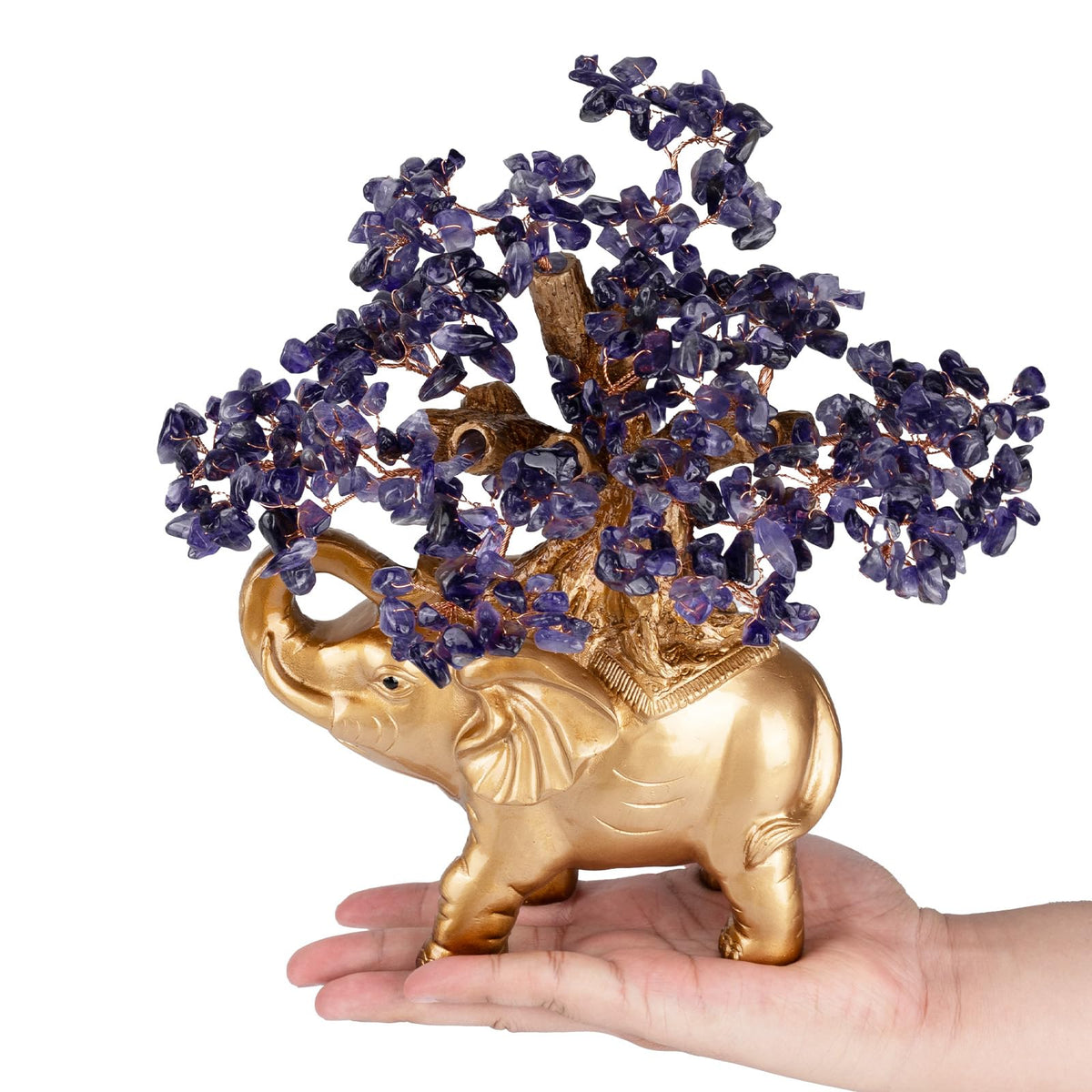 GEMBOURY Amethyst Crystal Money Tree on Gold Mini Elephant Statue, 10”Gemstone Bonsai Tree of Life Home Décor Gifts for Wealth Positive Energy, Feng Shui Décor