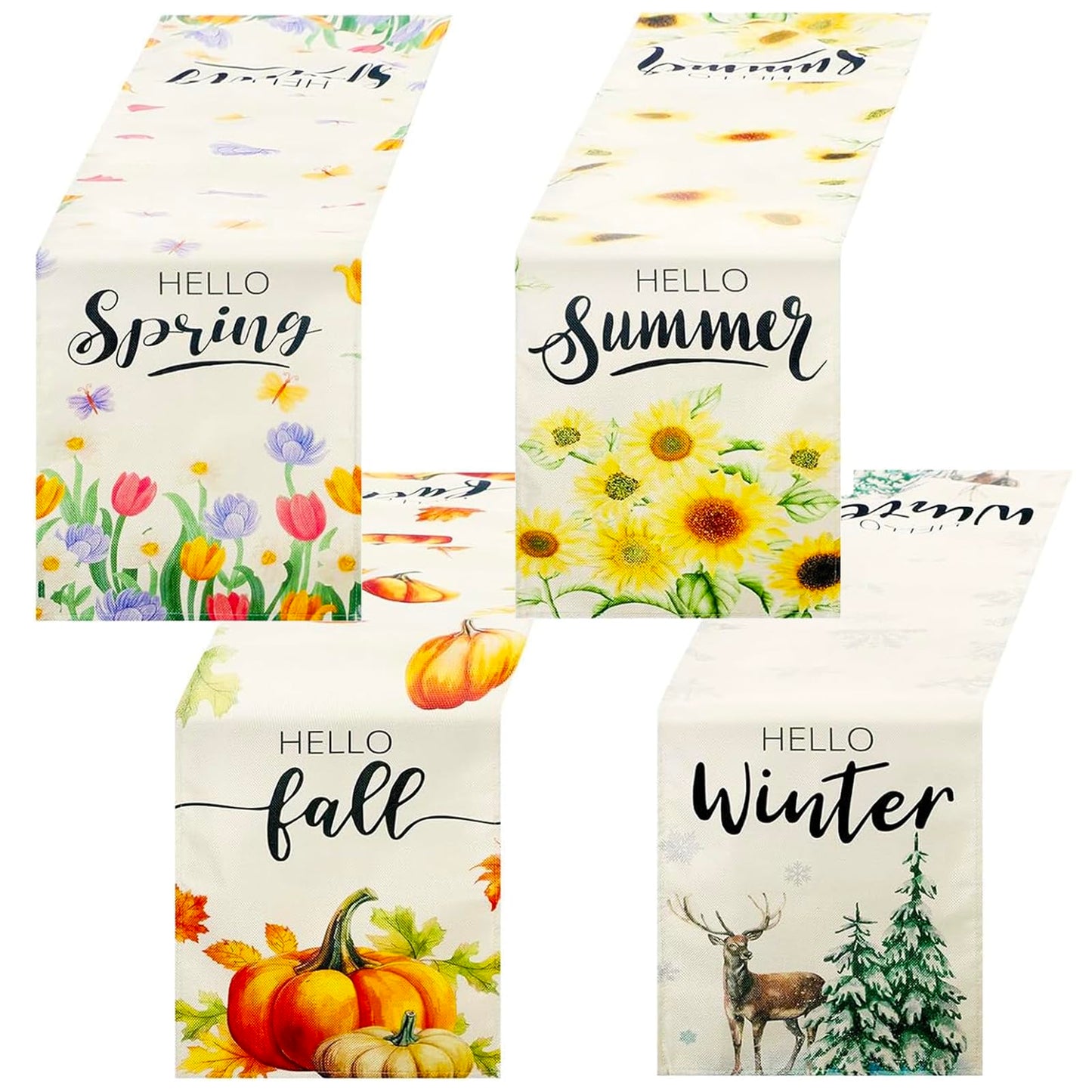 Mindsoft 4 Pcs Hello Winter Christmas Table Runner Seasonal Table Runners 13 x 72 Inch Maple Sunshine Sunflower Decorations Tulip Summer Fall Holiday Kitchen Dining Decoration for Home Party Decor