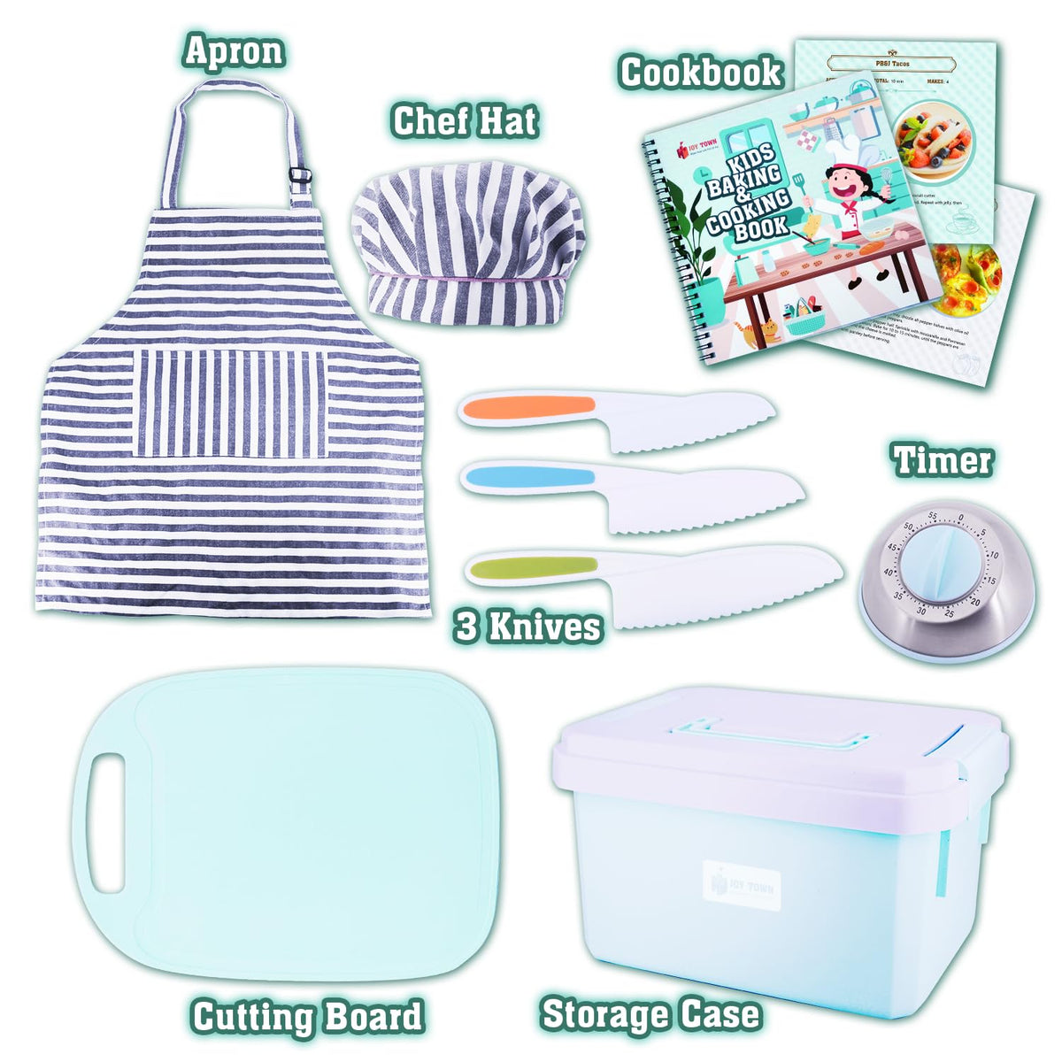 JoyTown Kids Cooking and Baking Set with Storage Case – Real Cooking Supplies with Cookbook, Knives, Timer, Kids Baking Kit for Girls & Boys – Complete Utensils Accessories with Chef Apron & Hat