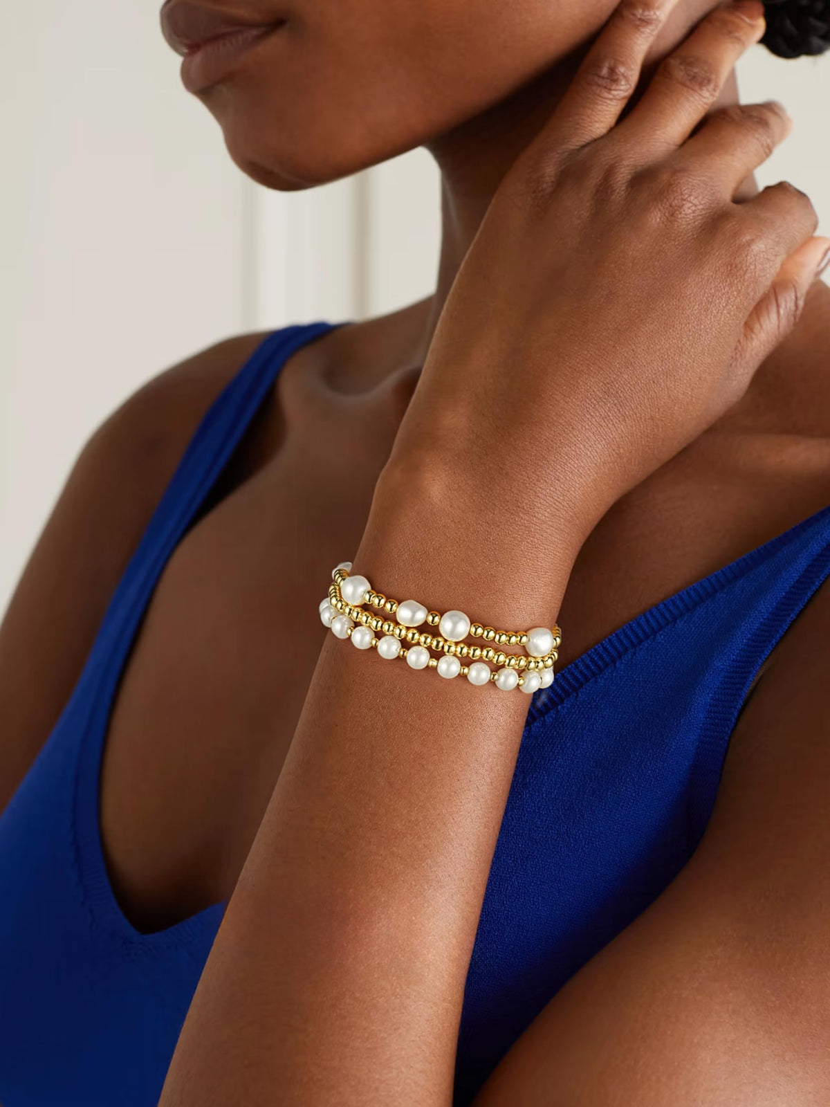 Gold Pearl Bracelets for Women Baroque Beaded Stackable14K Gold Plated Stretch Bead Ball Bracelet Jewelry Gifts （3PCS)