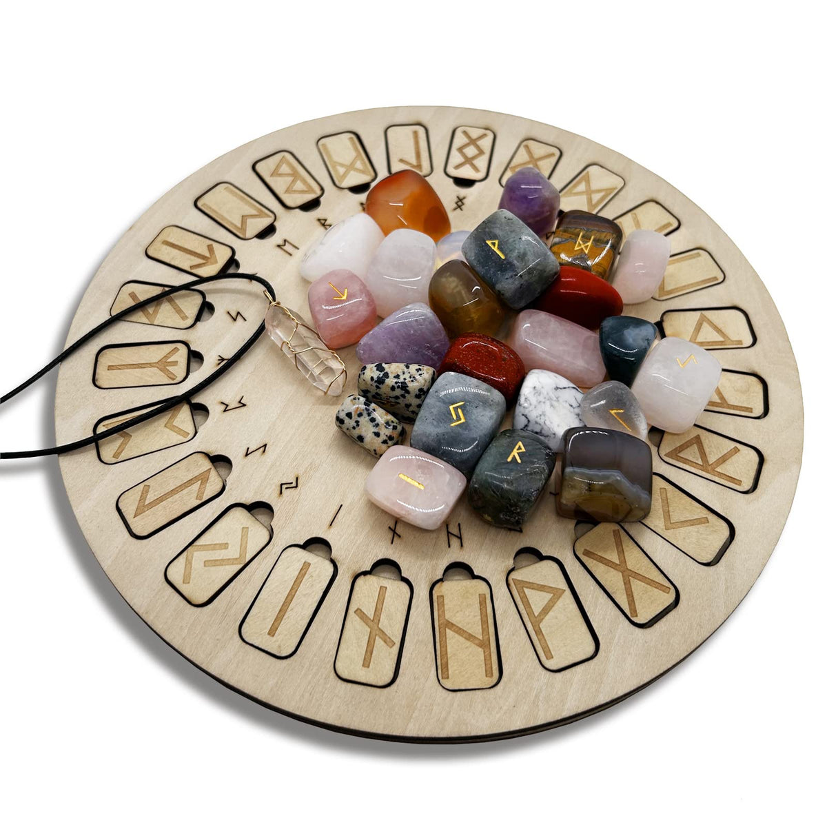 Rune Stone Set, Wooden Disc with Eternal Life Inscription and Mixed Color Crystal Rune Set for Meditation and Witchcraft Healing, Chakra Balancing for Beginners (Mixed Color Rune Set)