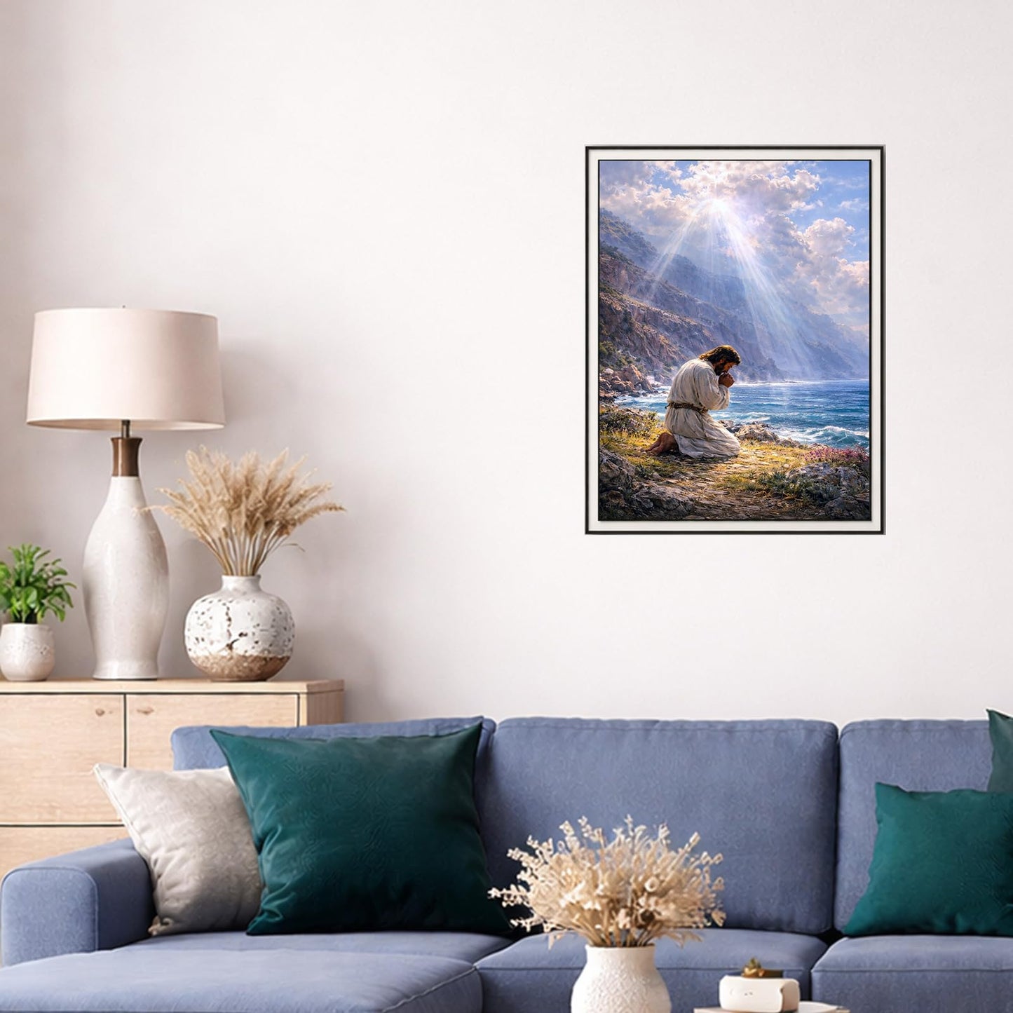 IOHEFY Jesus Prayer by The Sea 5D Diamond Painting Kits for Adults Beginners 12x16 Inch Full Drill Diamond Art Religious Christian Seascape Rhinestone Acrylic Canvas Wall Decor Gift Easter Christmas