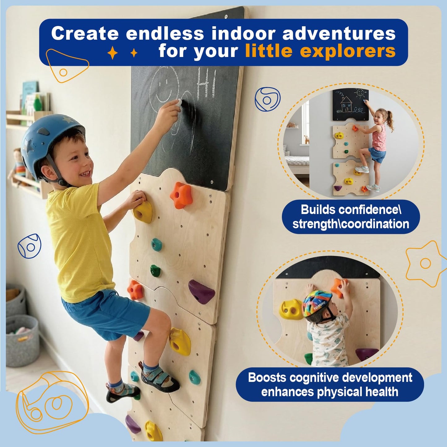 kidi house Rock Climbing Wall for Kids with 15 Rock Climbing Holds – Wooden Kids Indoor Climbing Wall with Drawing Blackboard, Pre-Drilled Nuts, Home Gym Kids Playroom Montessori Rock Wall Panel
