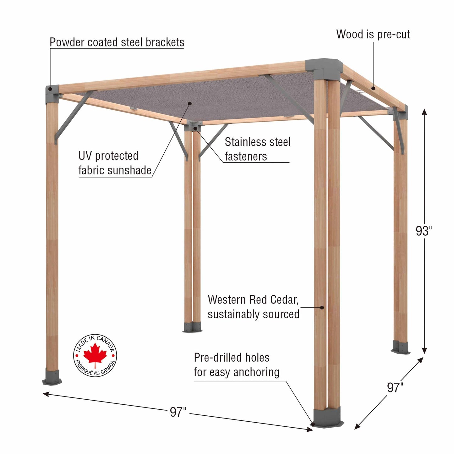 Bali 8 x 8’ Cedar Pergola - Easy to Assemble. Western Red Cedar, Sunshade Canopy, Sustainably Sourced, Made in Canada. Perfect for Patio, Deck or Backyard.