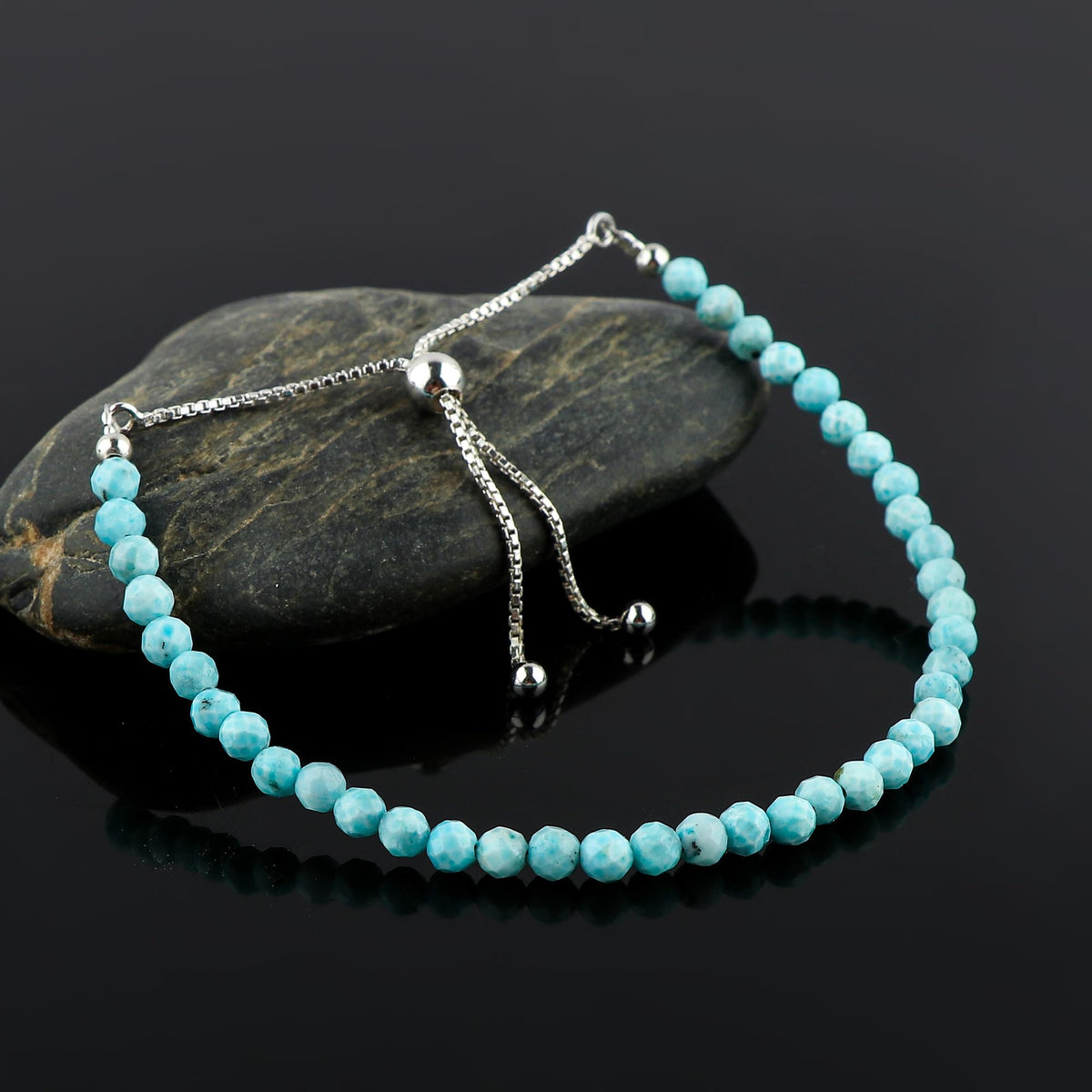 CRYSTALIS 4mm+ Natural Larimar Pectolite Beads Slider Bolo Bracelet, Beaded Crystals, Chakra Healing Stones, Delightful Womens Gemstone Jewelry, 925 Sterling Silver 10 inch