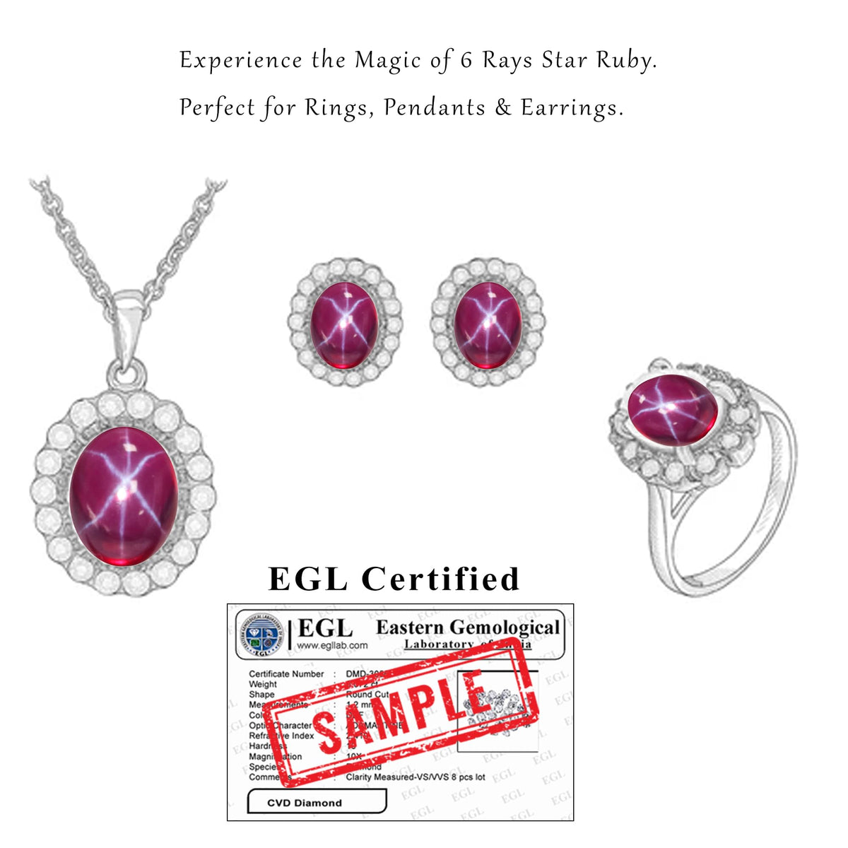 GEMHUB Natural Red Star Ruby 5.85 Carat Oval Cabochon Loose Gemstone with 6 Rays Certified Ruby Stone for Jewelry Making and Collection