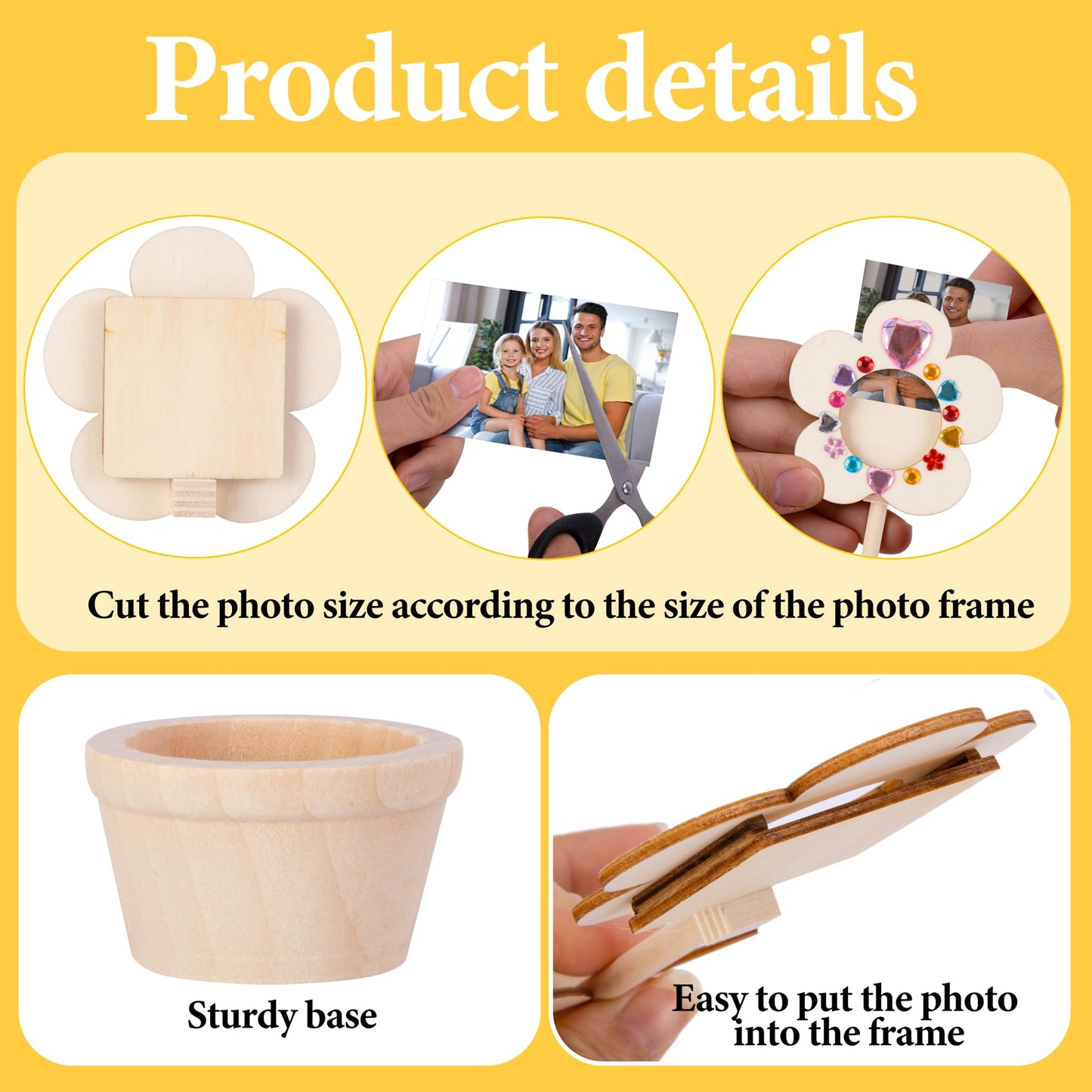 14 Sets DIY Paintable Wood Flowers Photo Holders, Mother's Day Crafts Wooden Flower Picture Frames, Spring Flower Pot Unfinished Wood Ornament with Gems Stickers for Painting Mothers Day Birthday Gift