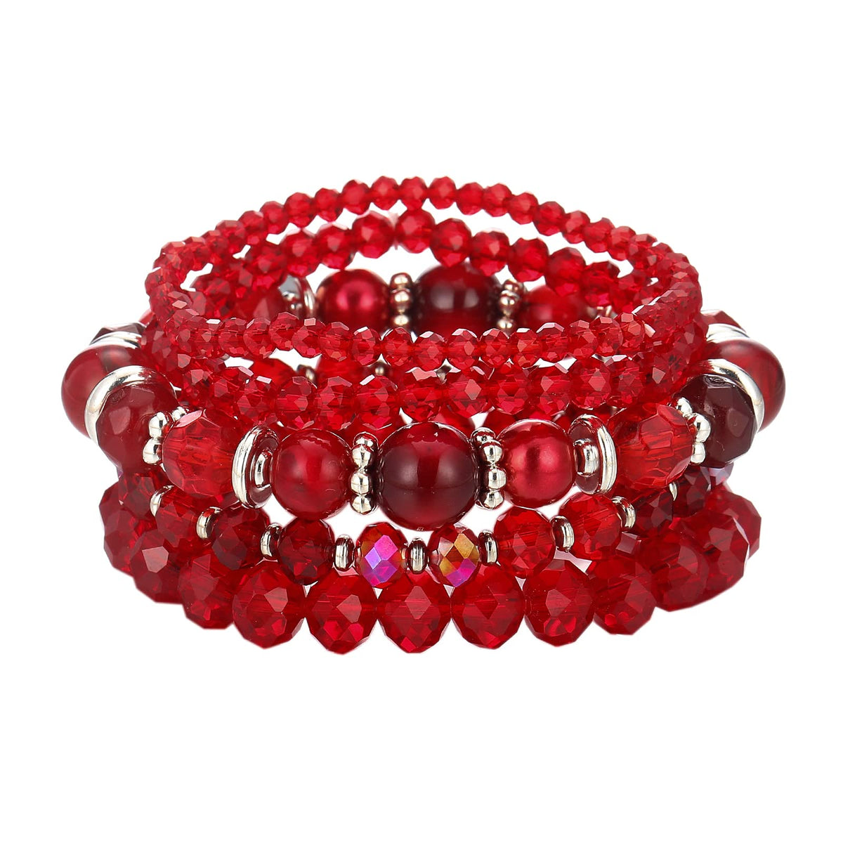 Noessla Beaded Boho Stretch Bracelet Colorful Stackable Crystal Beads Bracelets Trendy Costume Jewelry Mothers Day Gifts for Women(21-Red)