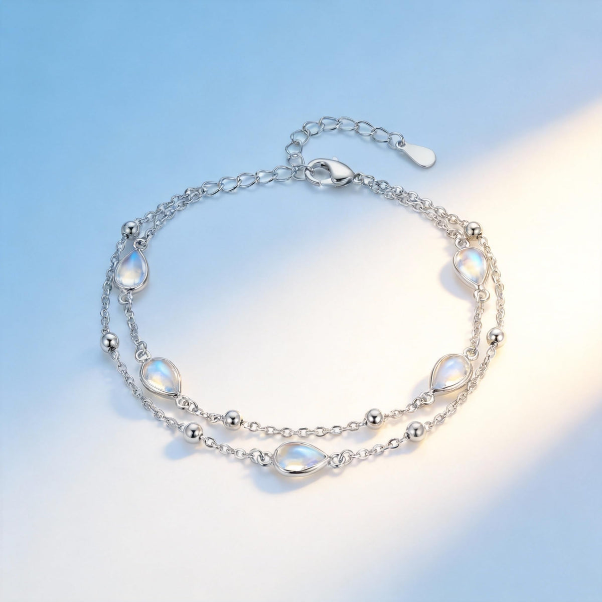 ZADIUA Moonstone Bracelet 925 Sterling Silver Adjustable Moonstone Double Layered Chain Bracelet Jewelry Gifts for Women