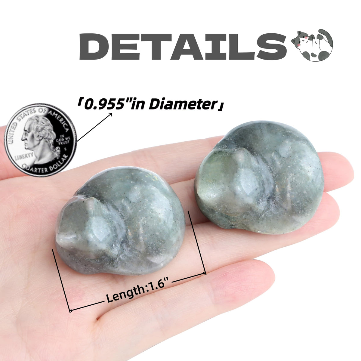 QINJIEJIE Cat Decor Statue White Labradorite Crystal Healing Stone Figurine Decor Polished Gemstones Cute Kitten Gifts Stocking Stuffers Home Office Desk Decor Cats Gifts for Cat Lover 1.6"