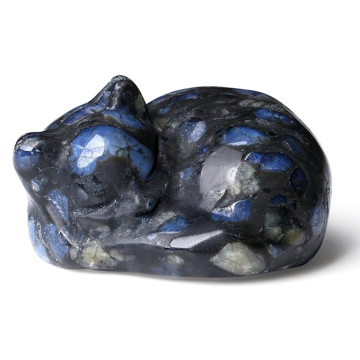 QINJIEJIE Blue Labradorite Cat Crystal Natural Healing Stone Sleeping Cat Statue Stone Figurine 1.6''Carved Polished Gemstones Decors Office Room Home Desk Decoration for Men Women Lovers