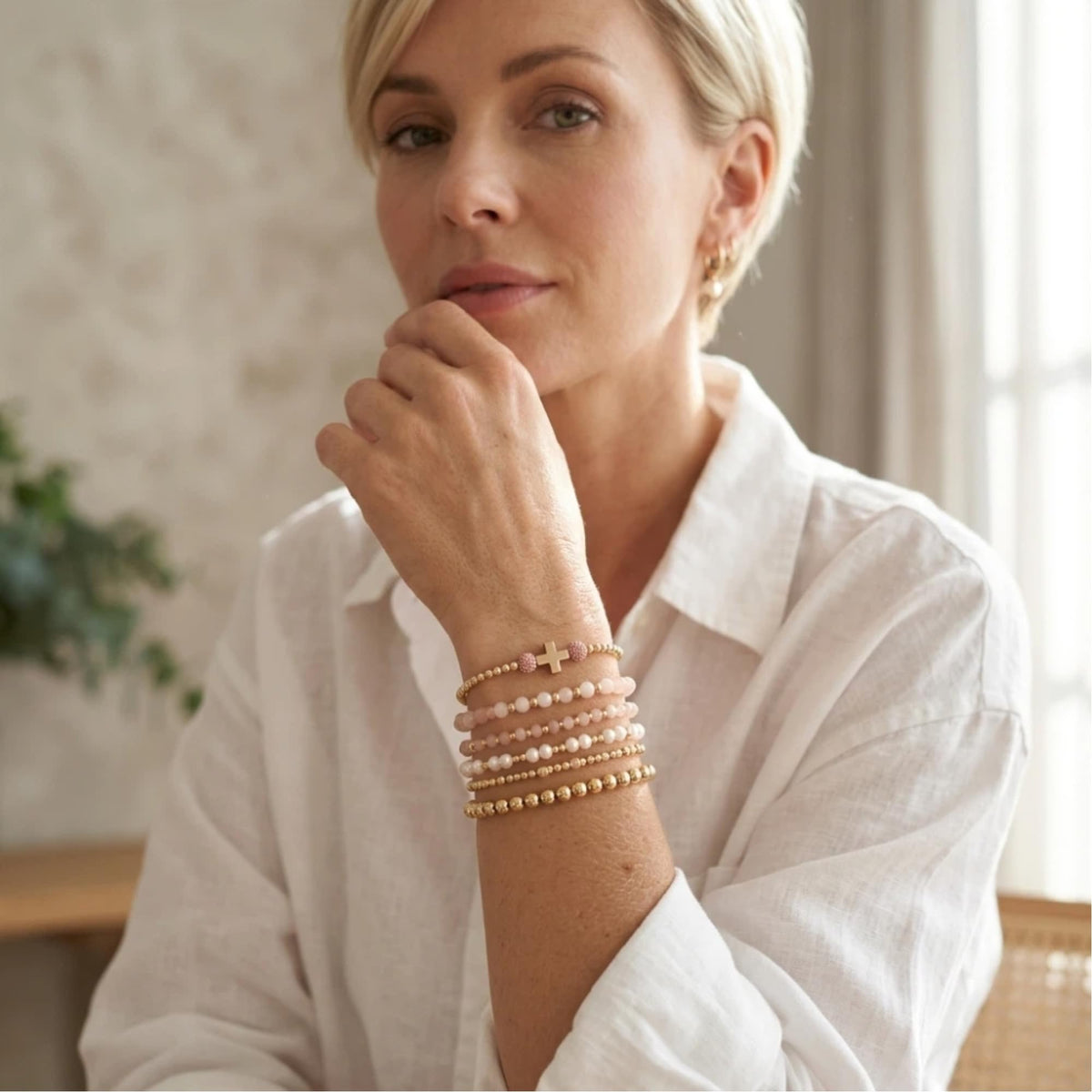 NoctisNest 6 Pcs Layered Cross Bracelet for Women, Pink Gold Stackable Pearl Beaded Bracelets for Her Mom Girlfriend, Dainty 14K Gold Plated Bracelet Set for Mothers Day Gifts
