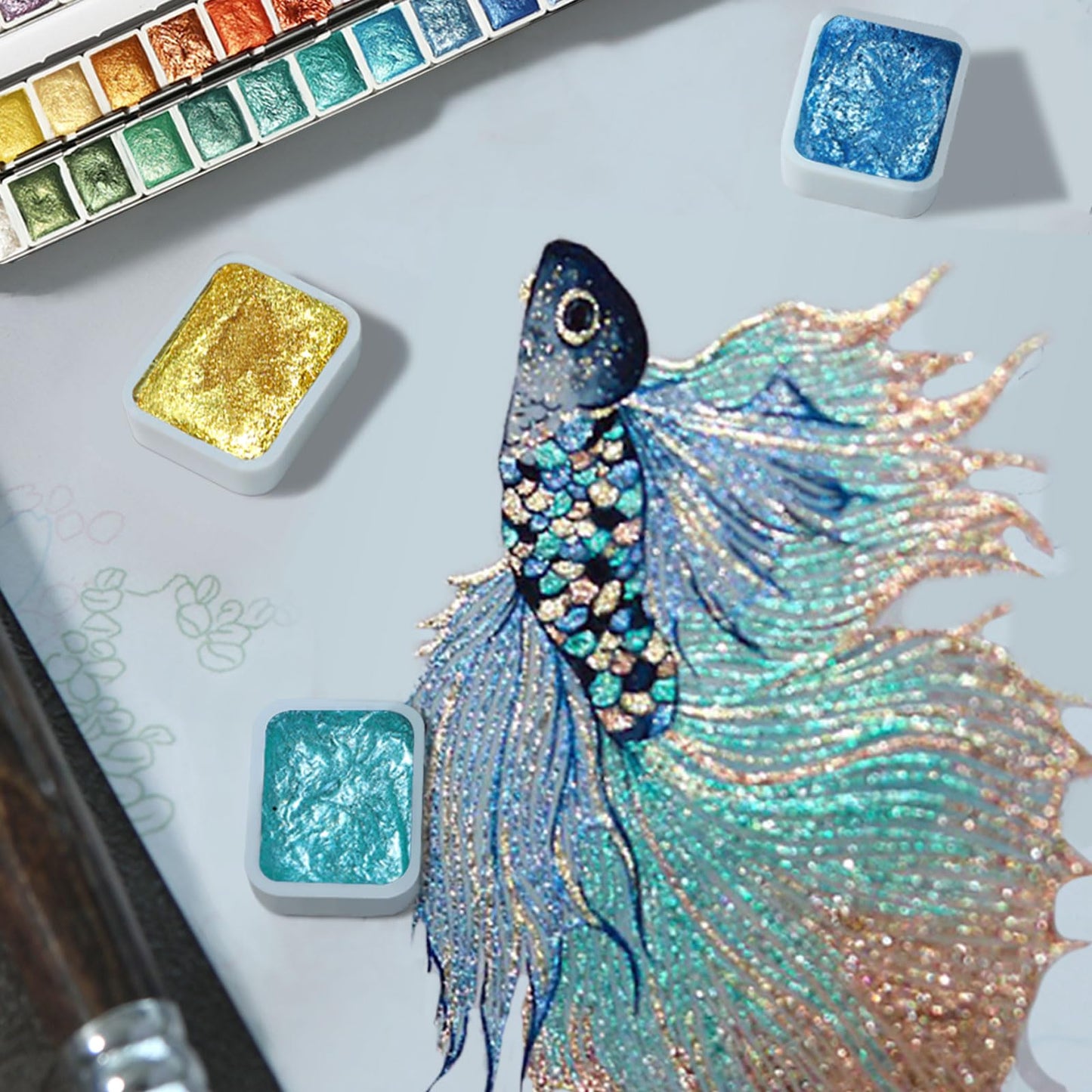 AUK Metallic Watercolor Paints Set for Adult Artists, 24 Glitter Solid Watercolors 2ml Half Pans Metal Case Sparkle Pearlescent Shiny Watercolour Painting Set