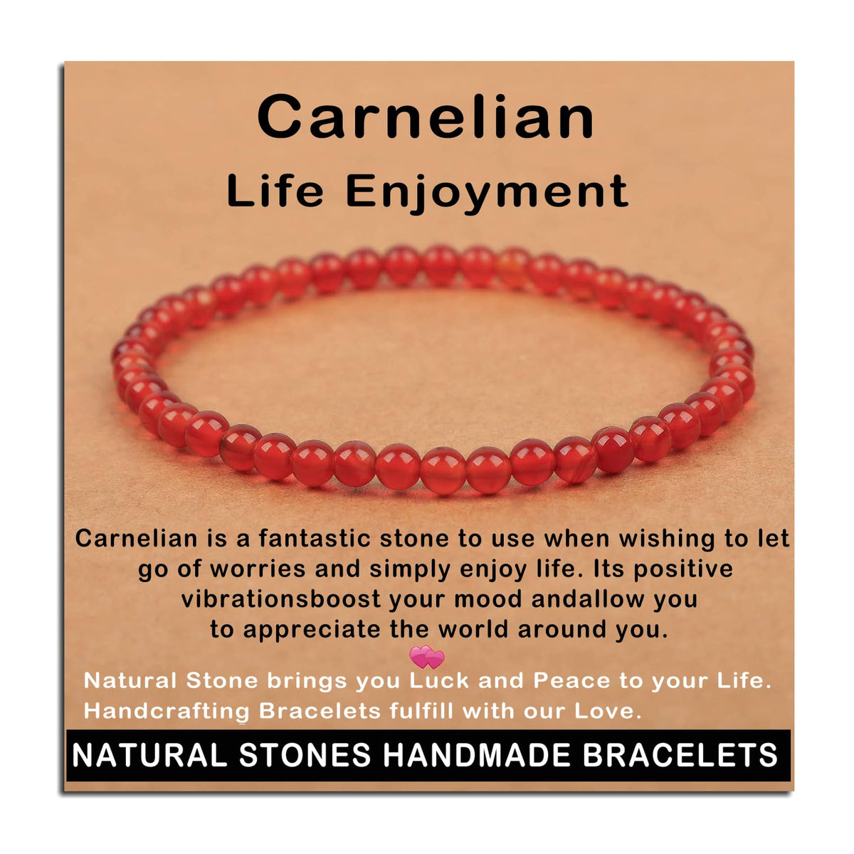 AD Beads Handmade Gemstone Stretch Elastic Bracelet Crystal Healing Reiki Nature's Beauty and Spiritual Essence Unisex (4mm, Carnelian (Life Enjoyment))