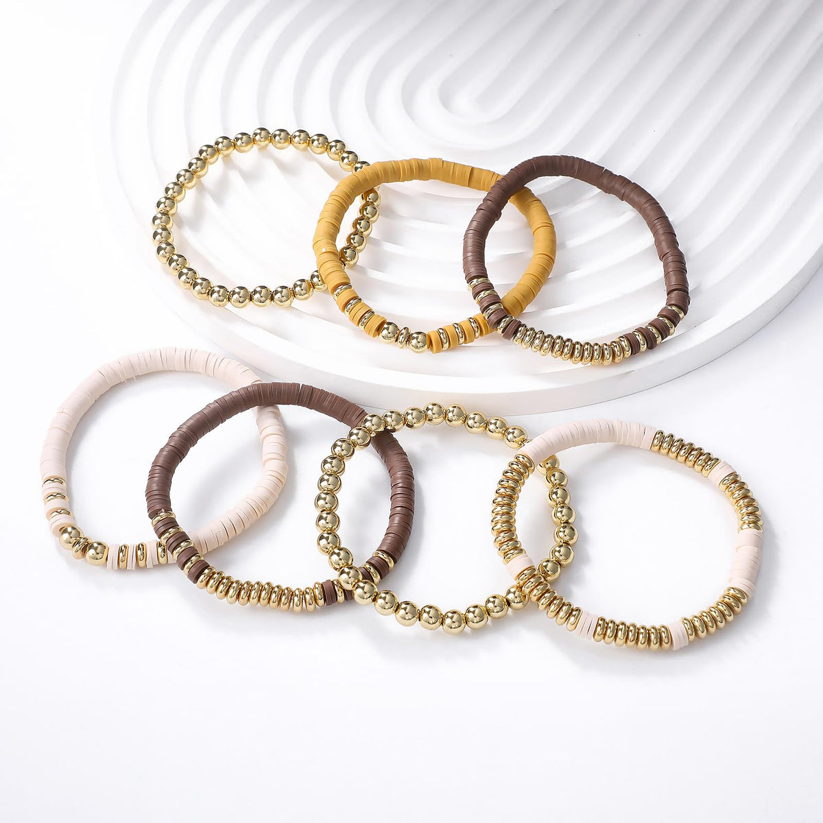 GOOJIDS Surfer Heishi Clay Bead Bracelets for Women Bohemian Stackable Gold Plated Beaded Stretch Bracelets Elastic Layering Friendship Bracelets Set Boho Jewelry
