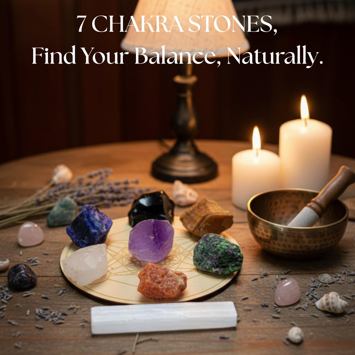 Atminafays Healing Crystals Set – 7 Raw Chakra Stones & Selenite Stick | Unpolished Crystal Healing Stones for Meditation, Yoga, Reiki | Wooden Box with Velvet Pouch & Guide
