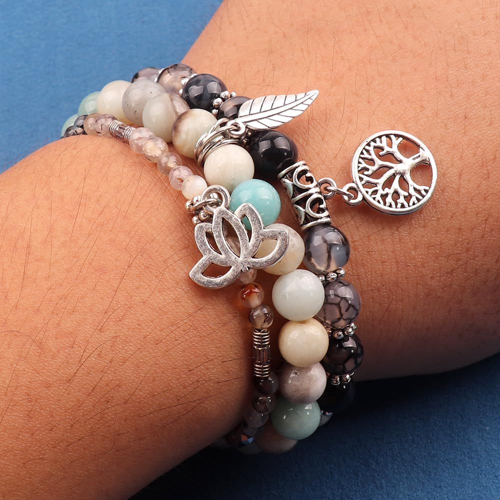 UEUC Tree of Life Yoga Healing Stone Bracelets,Multilayer Lotus Chakra Stone Reiki Bracelet Sets,Anxiety Crystal Natural Stone,for Women Stress Relief(#151)