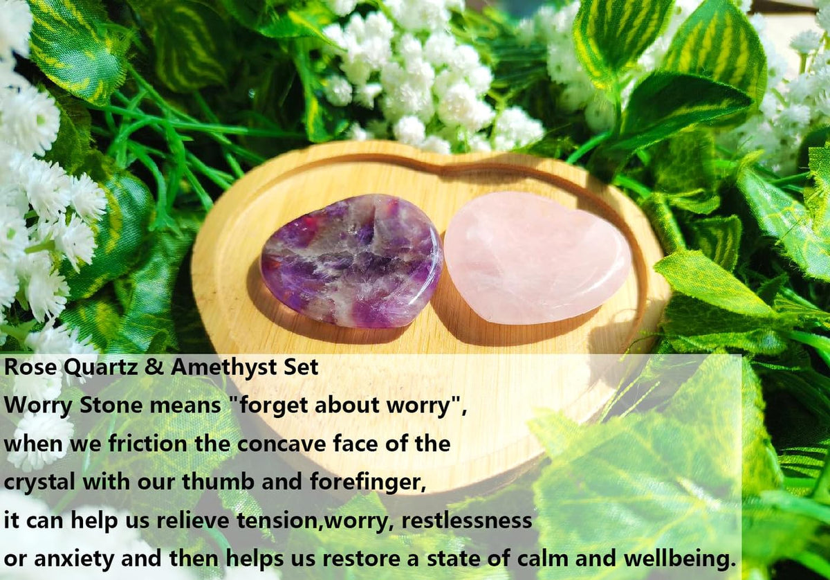 QINJIEJIE 2PCS Rose Quartz Crystals Heart Stones Amethyst Hearts Crystal Worry Stones for Anxiety Thumb Palm Polished Gemstone Pocket Gem Hearts Gifts Valentine's Day Gifts Stocking Stuffers for Women
