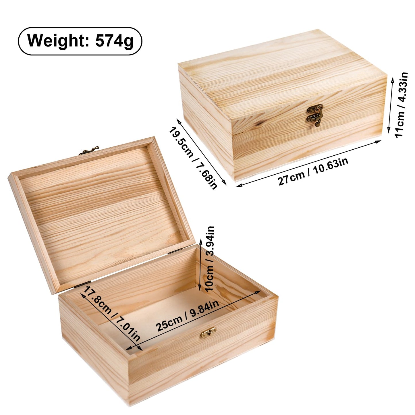 Almagic Unfinished Wood Box with Hinged Lid 1 Pack - 10.6" x 7.6" x 4.3" Smooth Unpainted Wooden Storage Box for Crafts, Jewelry, DIY Painting, Gift Packaging - Lightweight & Warp-Resistant
