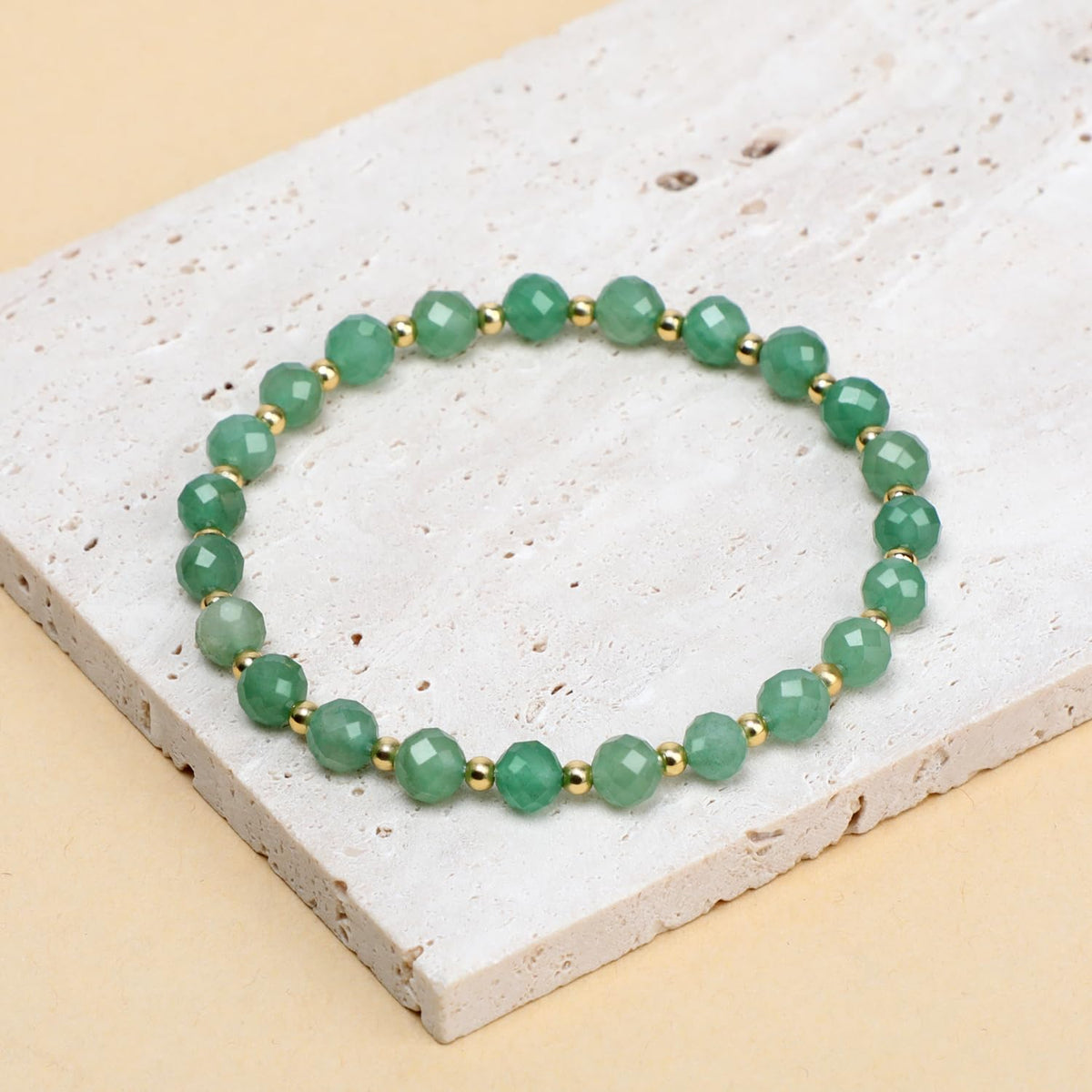QOGIR Green Aventurine - Prosperity - 14K Gold Plated Beads Natural Gemstone Stretch Elastic Dainty Healing Beaded Bracelets Gifts 6mm