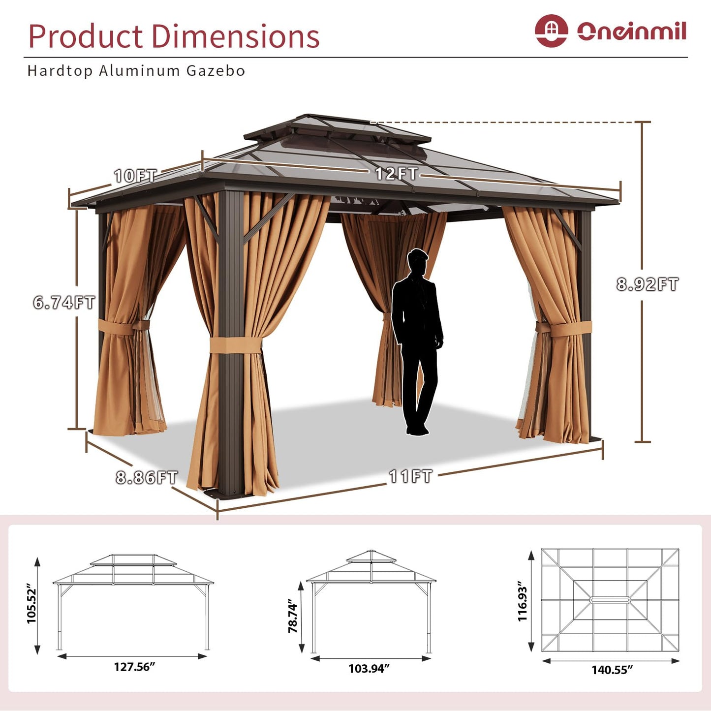 Breezestival 12'x10' Hardtop Gazebo, Outdoor Gazebo with Netting and Curtains, Heavy Duty Pavilion with Aluminum Frame, Double Roof Canopy Party Tent for Patio, Garden, Backyard, Lawn