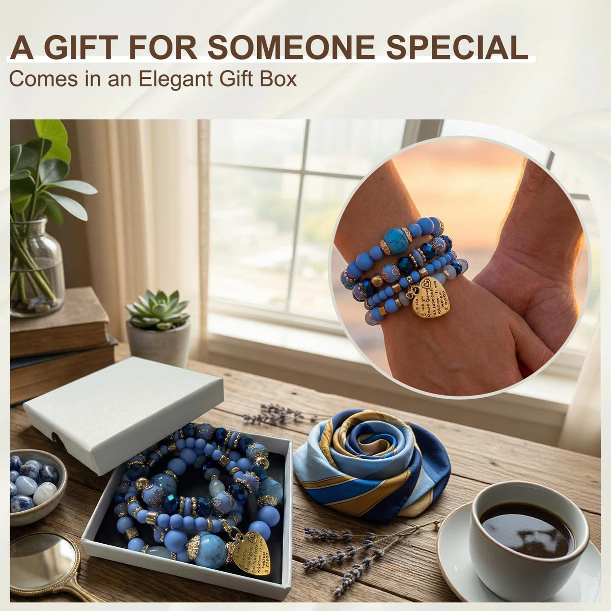 Ysenchan Bohemian Bracelet Set for Women, 4 Pcs Beaded Stackable Bracelets with Heart Charm, Stretch Bracelets, Boho Jewelry Gift – [Blue]