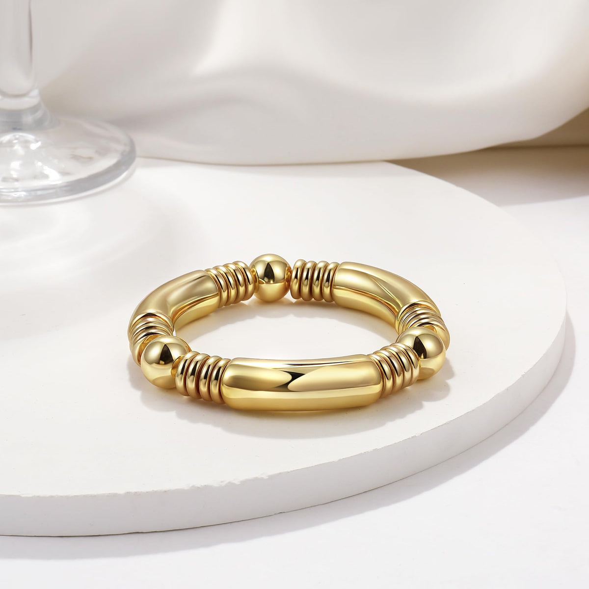 14K Gold Plated Bangles Bracelet for Women Chunky Curved Stacking Plated Bead Ball Stretchable Bracelets （1PCS)