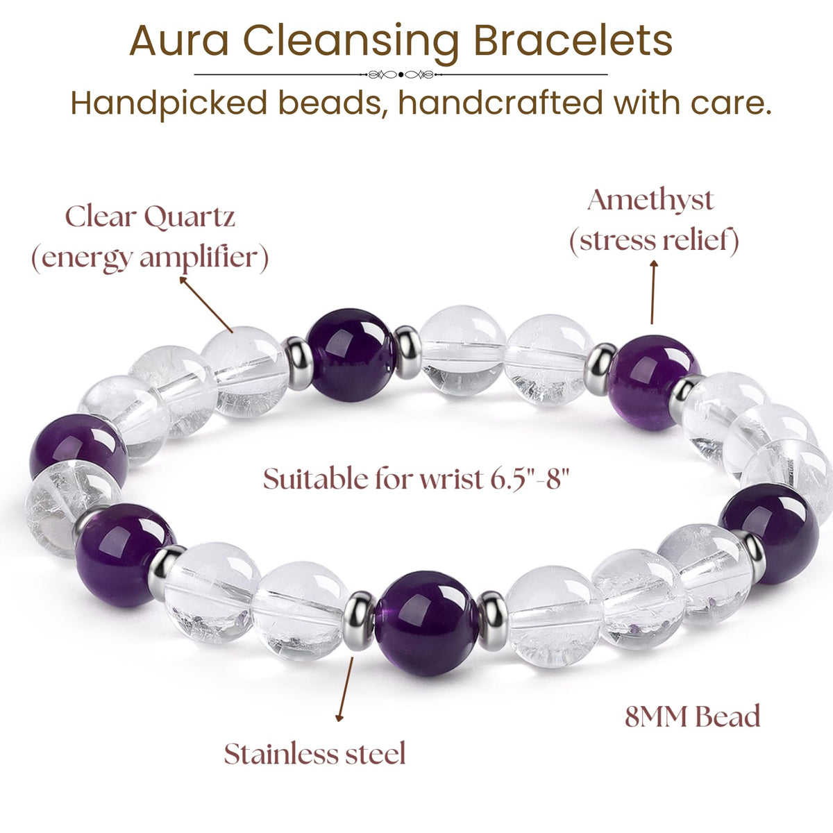 Atminafays 8MM Healing Crystal Bracelet - Amethyst & Clear Quartz | Natural Stone Energy Jewelry for Anxiety Relief and Stress & Positive,adjustable 6.5-8"