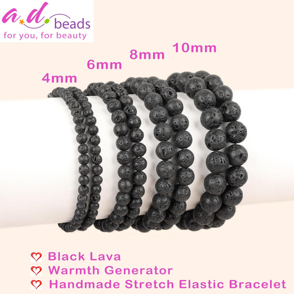 AD Beads Handmade Gemstone Stretch Elastic Bracelet Crystal Healing Reiki Nature's Beauty and Spiritual Essence Unisex (6mm, Black Lava (Warmth Generator))