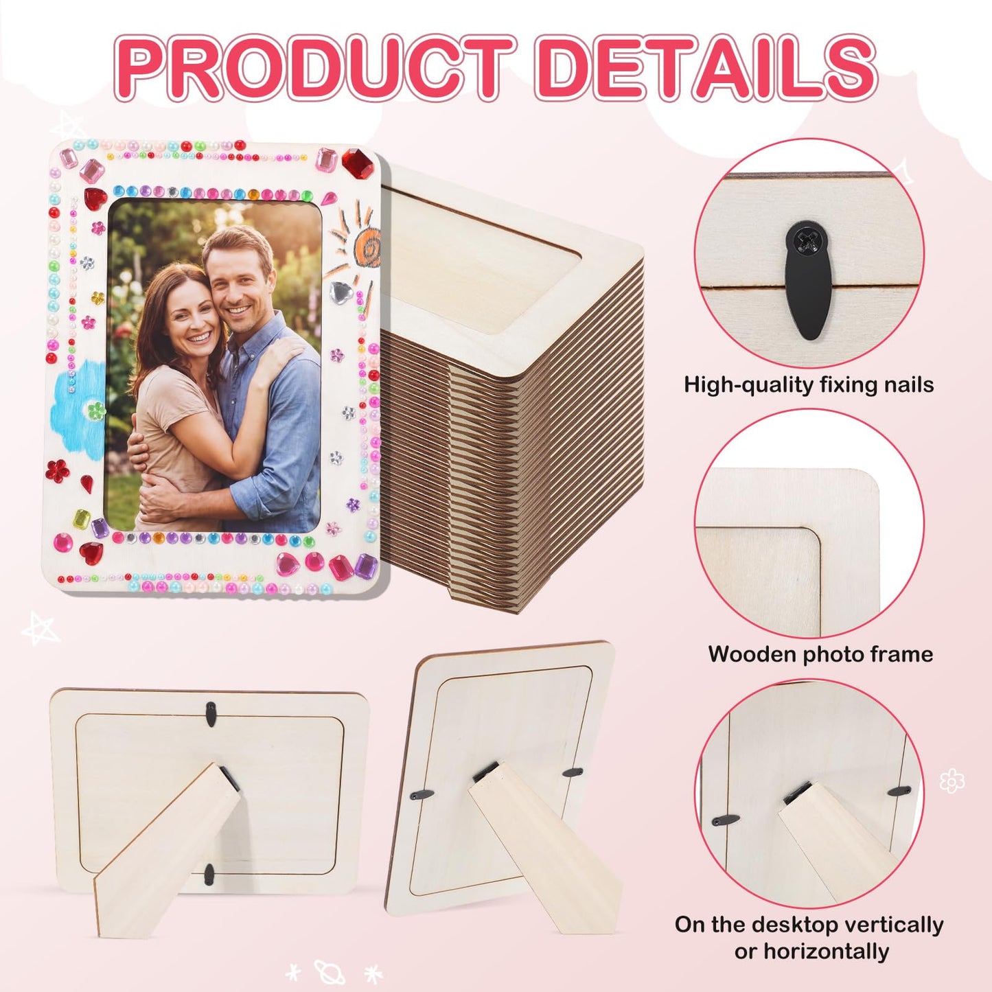 Yousoontic 30 Pack Picture Frame Painting Craft Kit for 4 x 6 Inch Photo DIY Unfinished Wooden Picture Frames with 30 Pcs Color Pens and 10 Sheets Crystal Diamond Stickers for DIY Craft