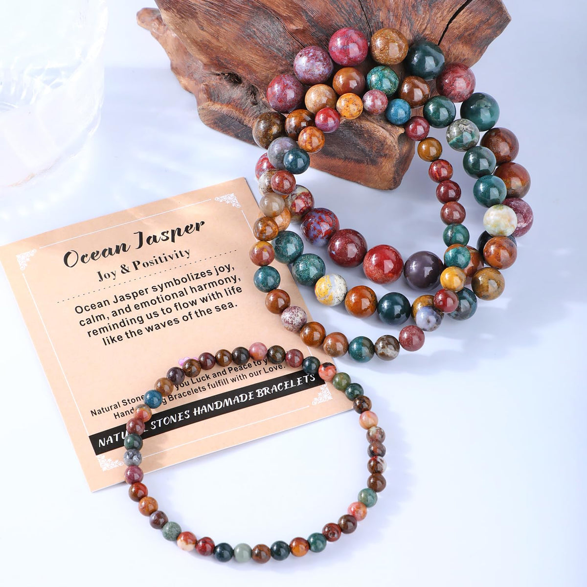 AD Beads 10mm Handmade Ocean Jasper Elastic Bracelet – Natural Gemstone for Joy & Positivity – Meditation, Yoga, Healing and Energy Gift for Men Women