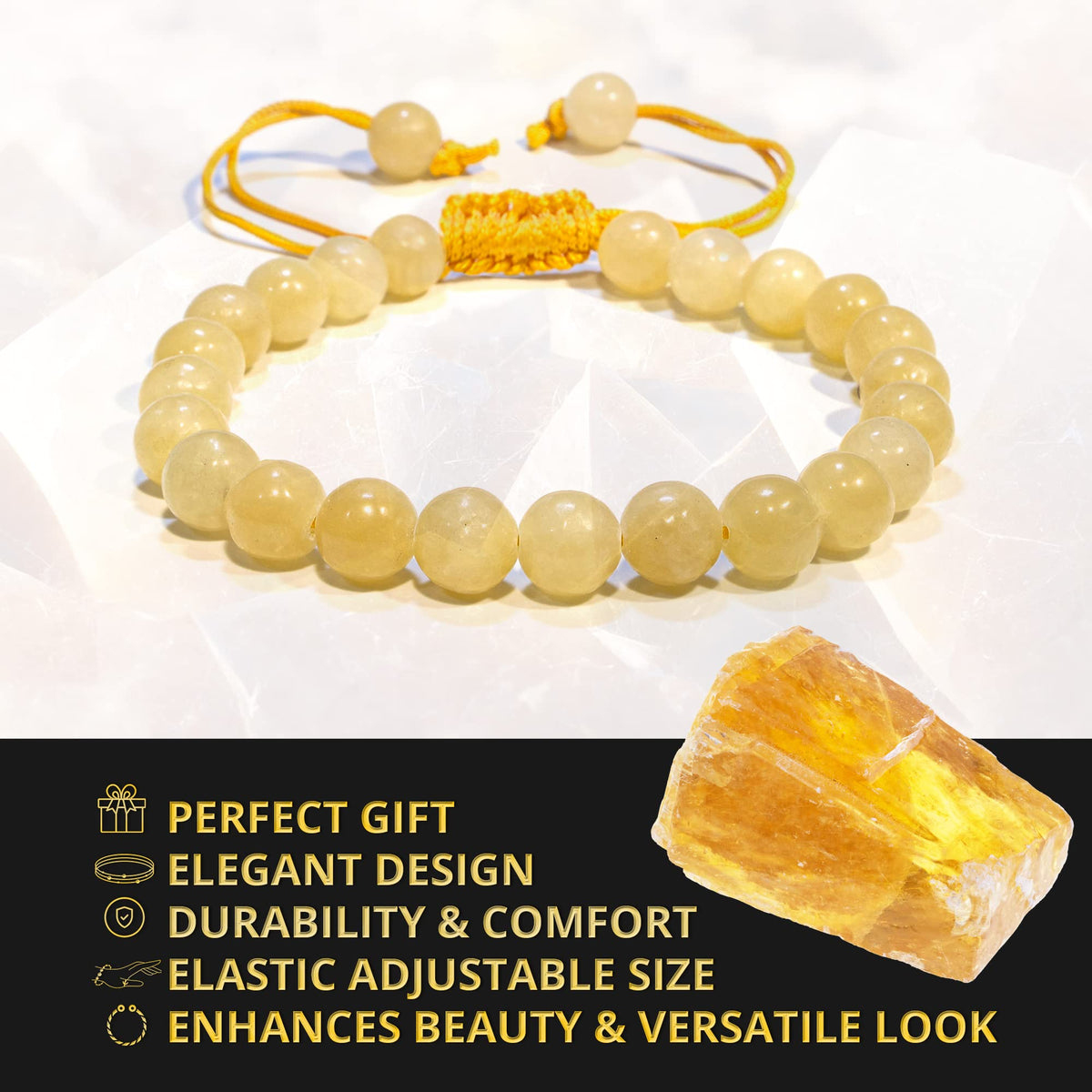 ANAYA AGATE Healing Crystal Bracelet – Chic Gemstone Bracelet for Men and Women – 8mm Round Bead Bracelets for Spiritual Healing, Protection, Positive Energy - Yellow Calcite