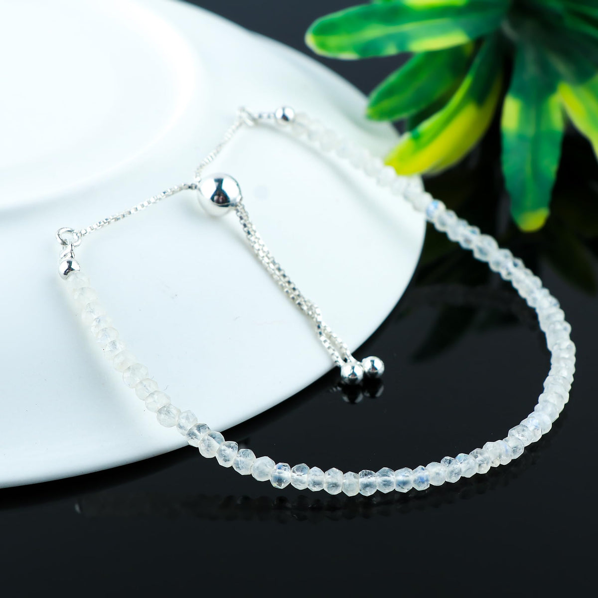 CRYSTALINES Natural Rainbow Moonstone Gemstone Bolo Bracelet, Handmade Bohemian Jewelry, Healing Crystals, Faceted Beads Stones, Silver Adjustable Chain, Christmas Gift for Women, 6+4inch