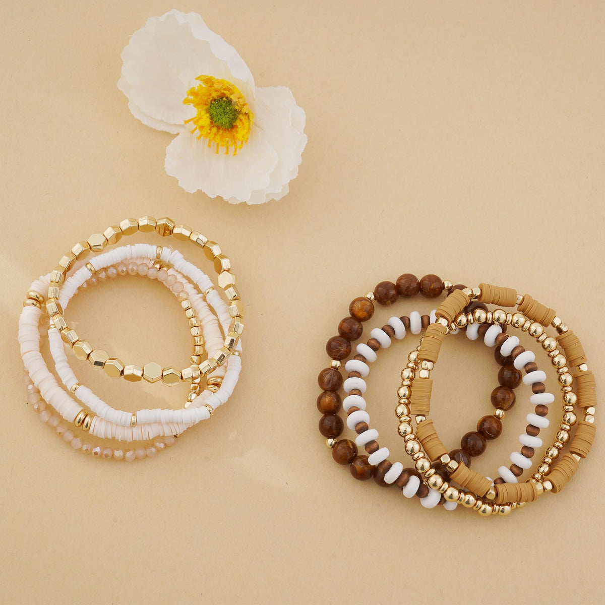GOOJIDS Surfer Heishi Clay Bead Bracelets for Women Bohemian Stackable Gold Plated Beaded Stretch Bracelets Elastic Layering Friendship Brown Bracelets Set Boho Jewelry