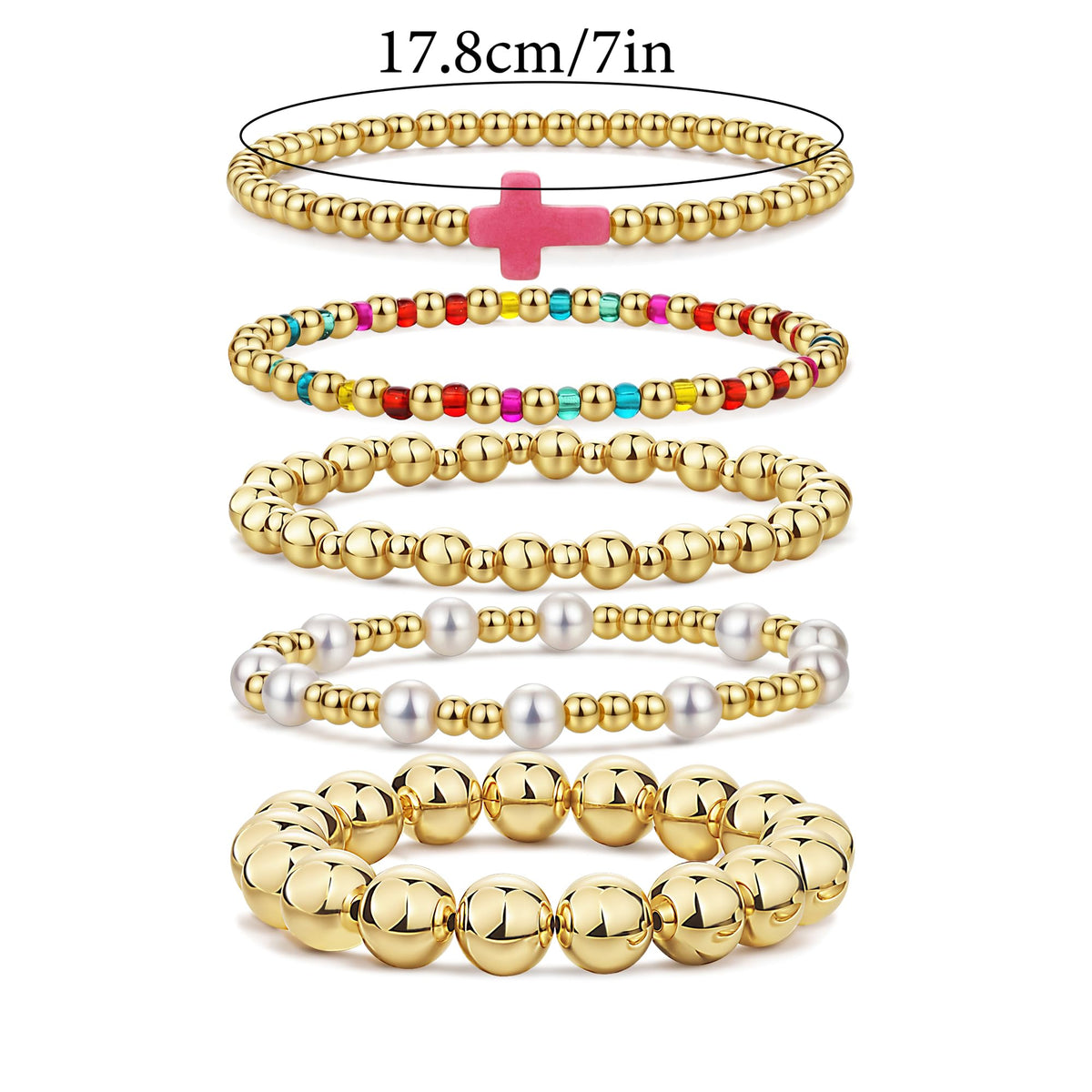 Qiuseadu Chunky Gold Beaded Stack Bracelets Beads Ball Cross Colorful Statement Bracelets Set for Women (Rainbow Accent)
