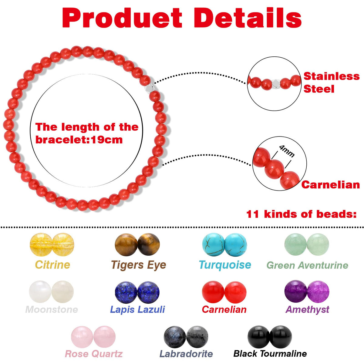 Raicegs 4MM Carnelian Beaded Bracelets Healing Crystal Bracelet for Women Men Natural Stone Handmade Stretch Bracelet Reiki Spiritual Jewelry