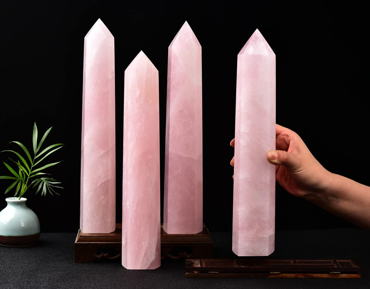 AMOYSTONE Extra Large Healing Crystal Obelisk Tower Rose Quartz Point Wand Crystal Decor Reiki Gifts for Bignners 2.2-2.6 LBS