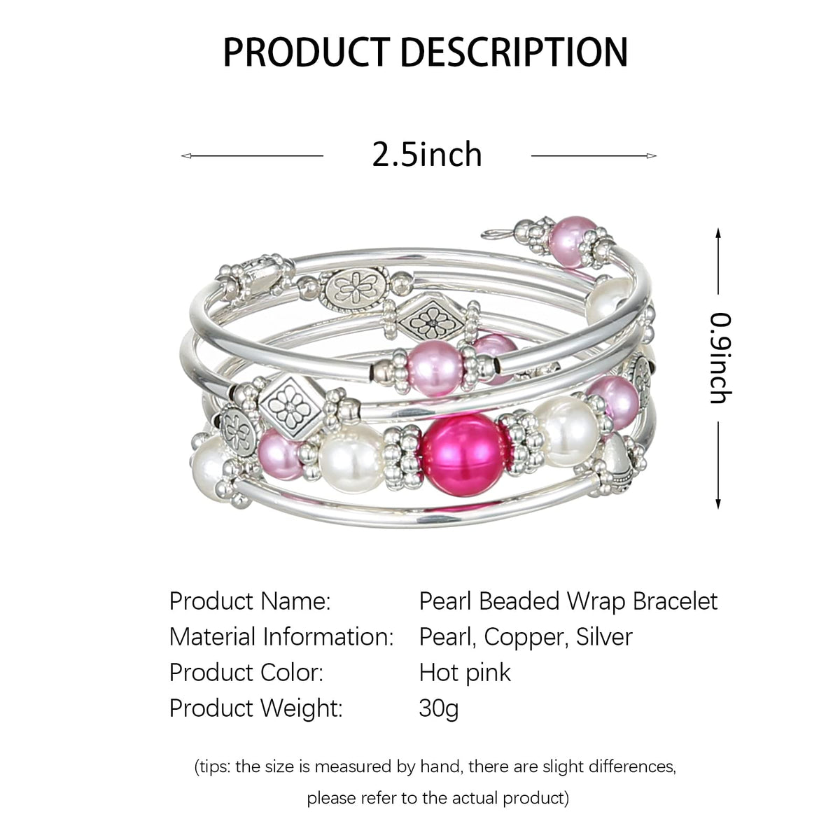 FULU AUTUMN Beaded Pearl Bangle Bracelets for Women Silver Wrap Bangles Bracelet Womens Costume Jewelry Fashion Gift(18-Hot pink)