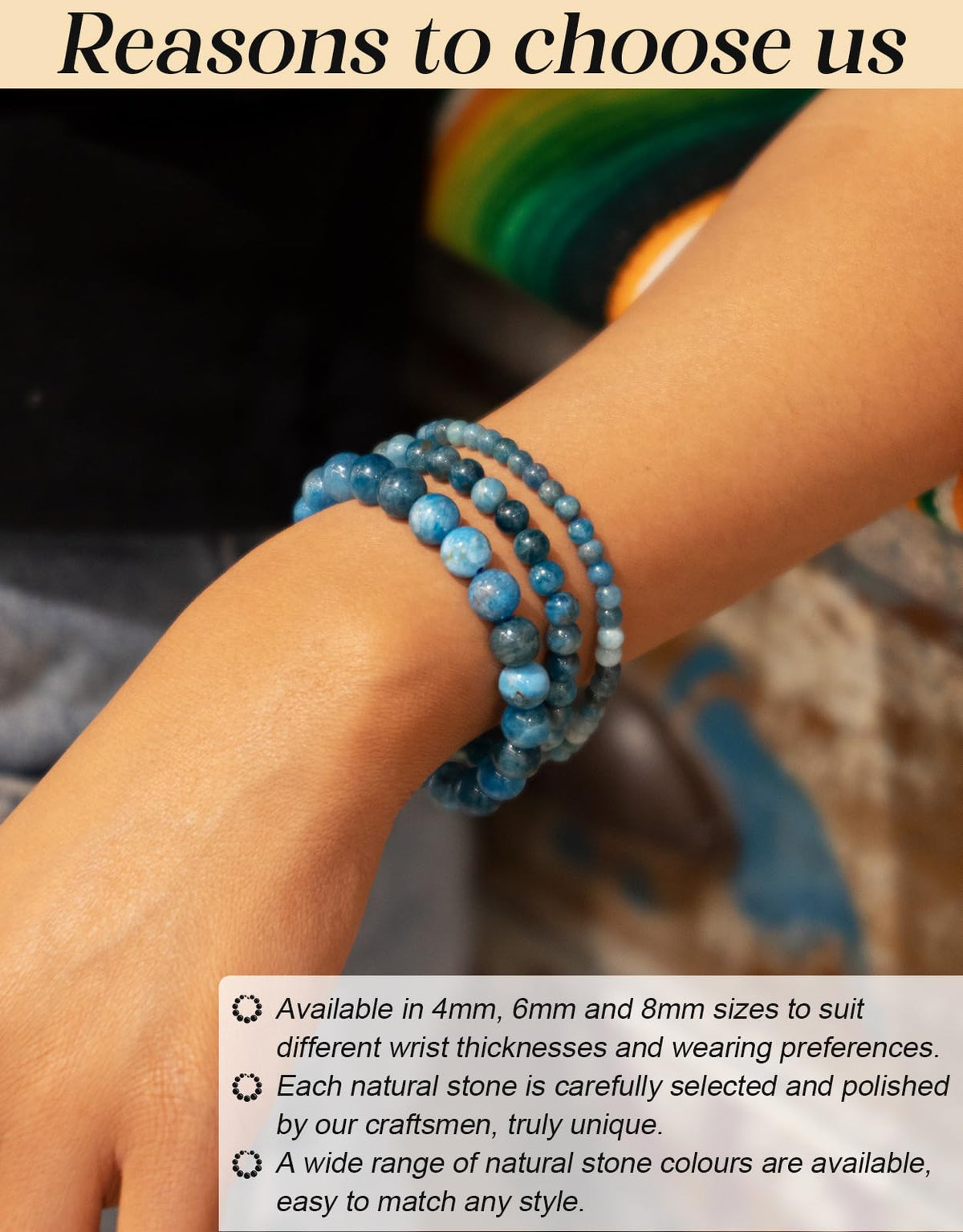 Landorilo Beaded Bracelet for Men Women, 6mm Natural Stone Apatite Healing Crystal Stretch Bracelets, Ideal Christmas Birthday Jewelry Gifts with Energy Card，Replacement Beads Included