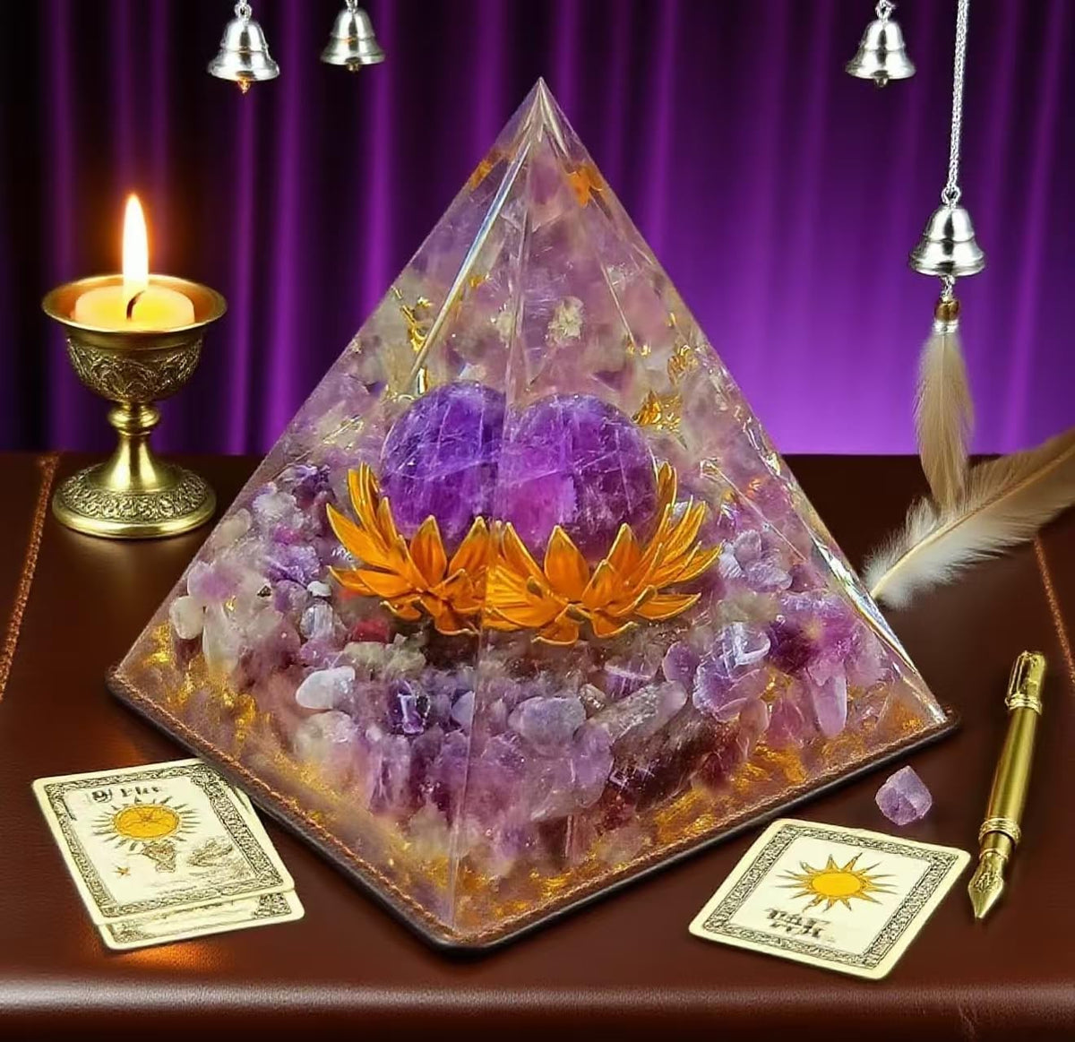 ycyingcheng Moonstone Crystal Orgone Pyramid Ogan Crystal Energy Tower, Nature Reiki Chakra Crushed Stone Jewelry, Crystal Pyramid for Home Decor (Lotus Base Amethyst)