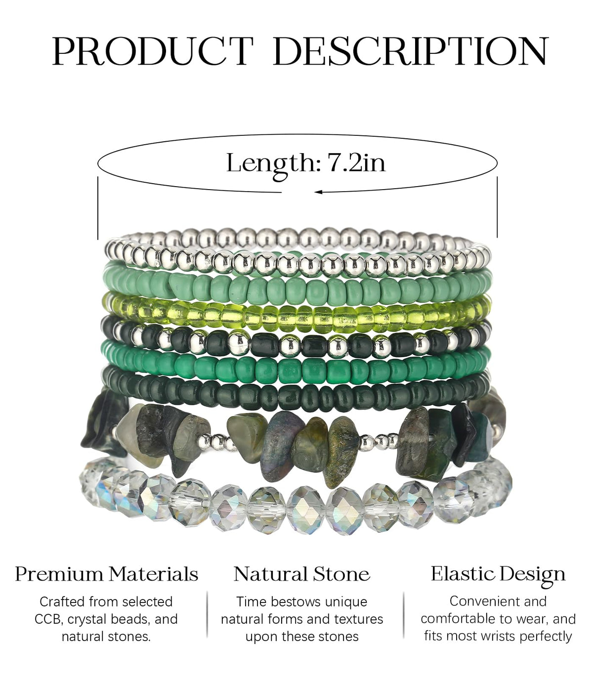 Noessla Boho Beaded Bracelets for Women Stackable Irregular Natural Stone Bead Stretch Bracelet Set 8PCS Costume Jewelry Gifts for Her(Green)