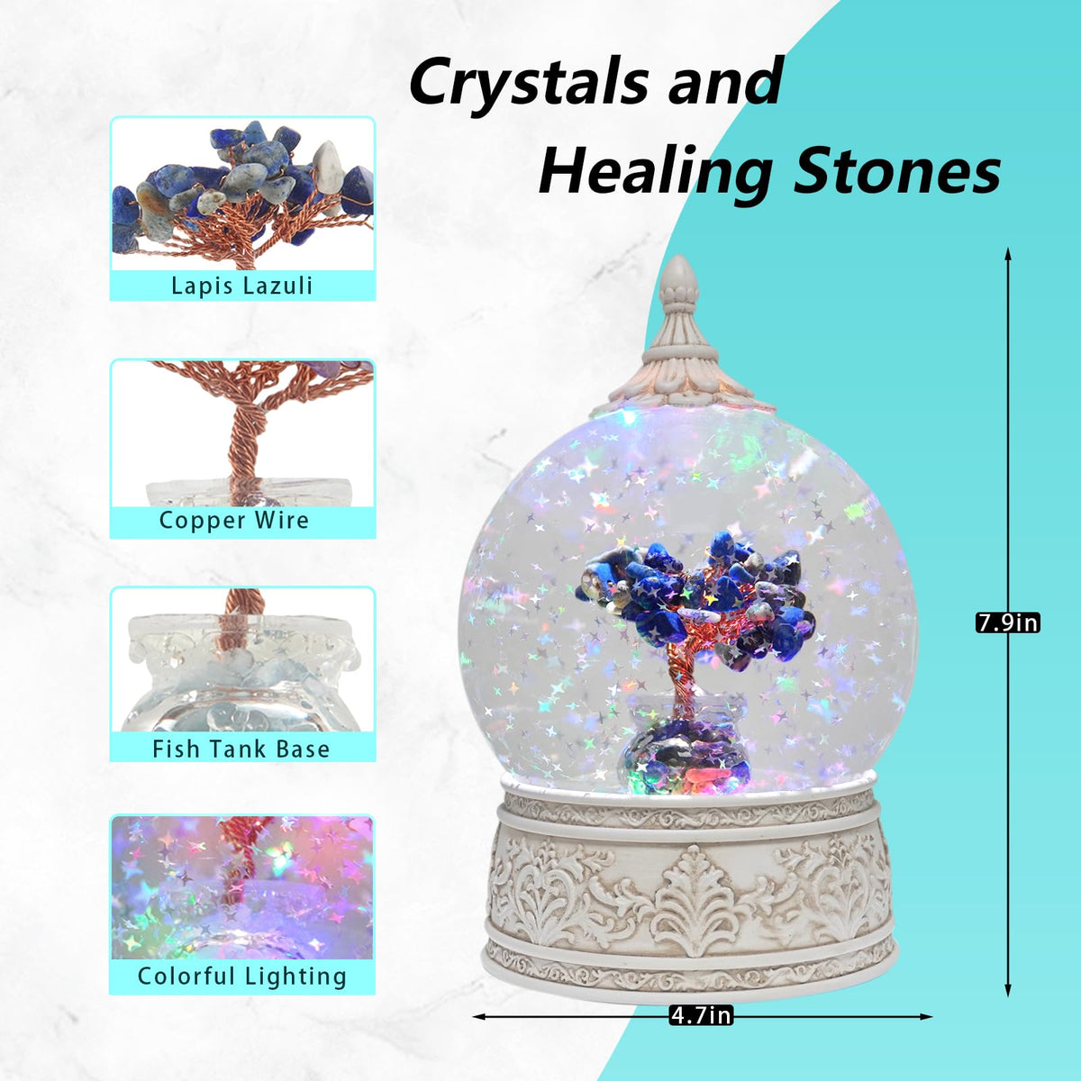 Lapis Lazuli Healing Crystal Tree Globe with Colorful Lights Sparkling Glitter, Natural Gemstone Base, Spiritual Meditation, Positive Energy Good Luck, Home Decor, Birthday Gifts (Lapis Lazuli)