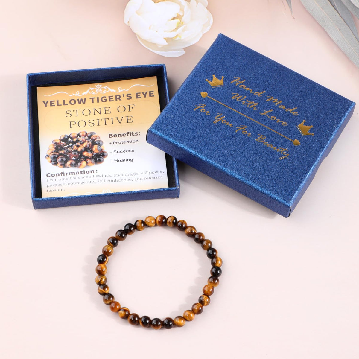 Bymitel 6mm Yellow Tiger's Eye - Handmade Reiki Gemstone Stretch Bracelet, Natural Beauty & Spiritual Essence, Crystal Healing for Unisex Adults