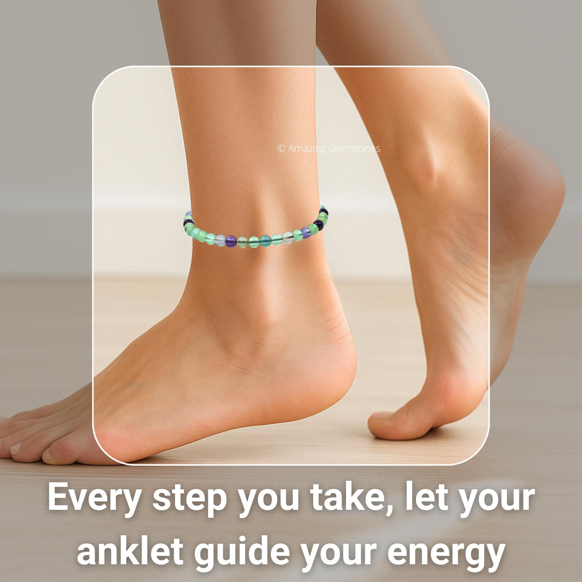 Amazing Gemstone Multi Fluorite Anklet Ankle Bracelets for Women - Waterproof Beaded Healing Crystal Anklets, Plus Size Chakra Gemstone Bead Anklet (Stretchy Adjustable - Plain)