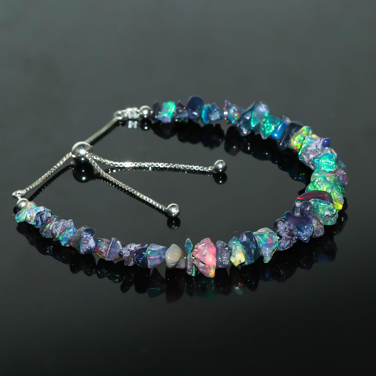 CRYSTALIS Black Opal Bracelet, Natural Raw Stones, Fire Play Rough Gemstones, Chakra Healing Crystals, Gift Giving Jewelry, Rhodium 925 Sterling Silver Women Slider Bolo Bracelet 10 inch (6+4")