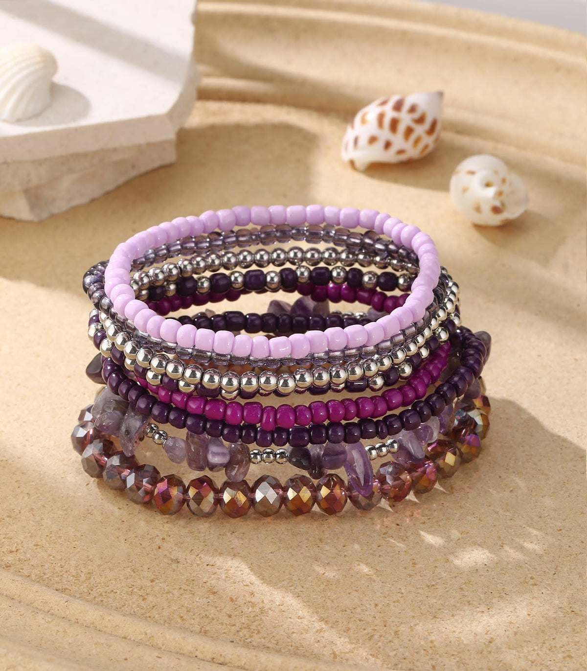 Noessla Boho Beaded Bracelets for Women Stackable Irregular Natural Stone Bead Stretch Bracelet Set 8PCS Costume Jewelry Gifts for Her(Purple)