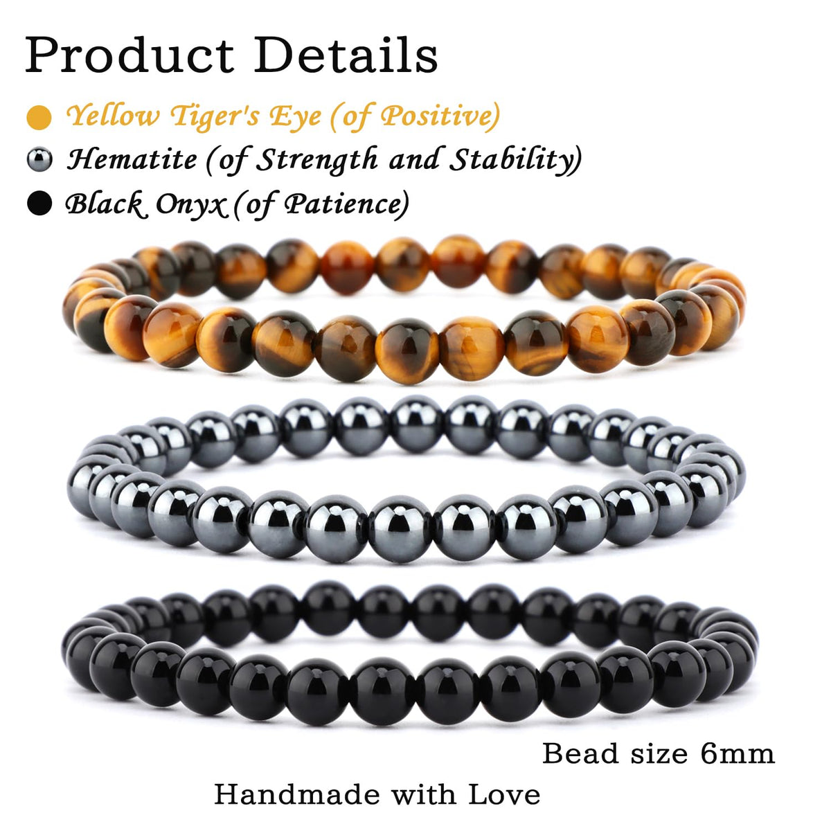CMBYN 3-Pieces 6mm Natural Crystal Gemstone – ﻿Black Onyx, Hematite, Yellow Tiger's Eye Handmade Reiki Energy Healing Stretch Bracelets Jewelry for Yoga, Meditation, Unisex