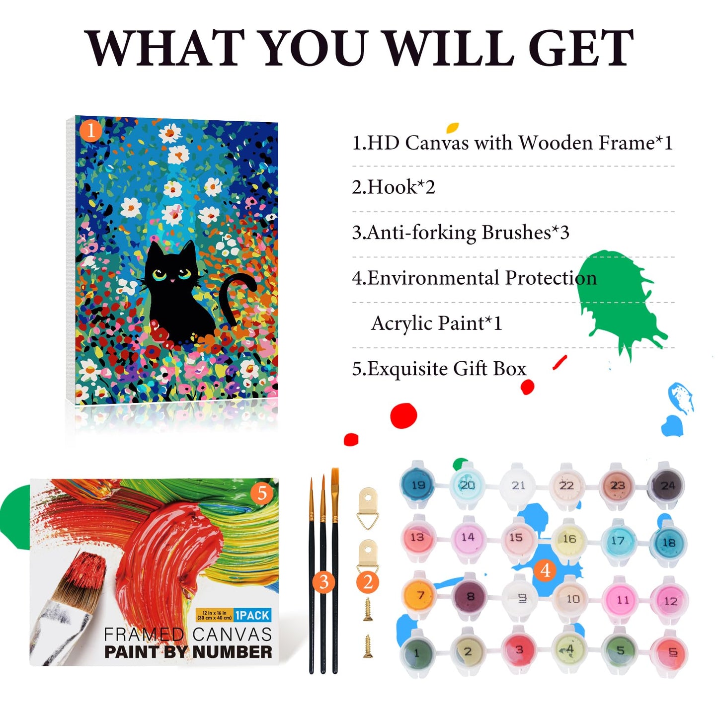 Fountor 12” W x 16”L Framed Paint by Numbers Kit for Adults Beginner, Black Cat Adult Paint by Number Kits on Canvas, Cat Flowers Oil Painting by Numbers for Home Decor Gift