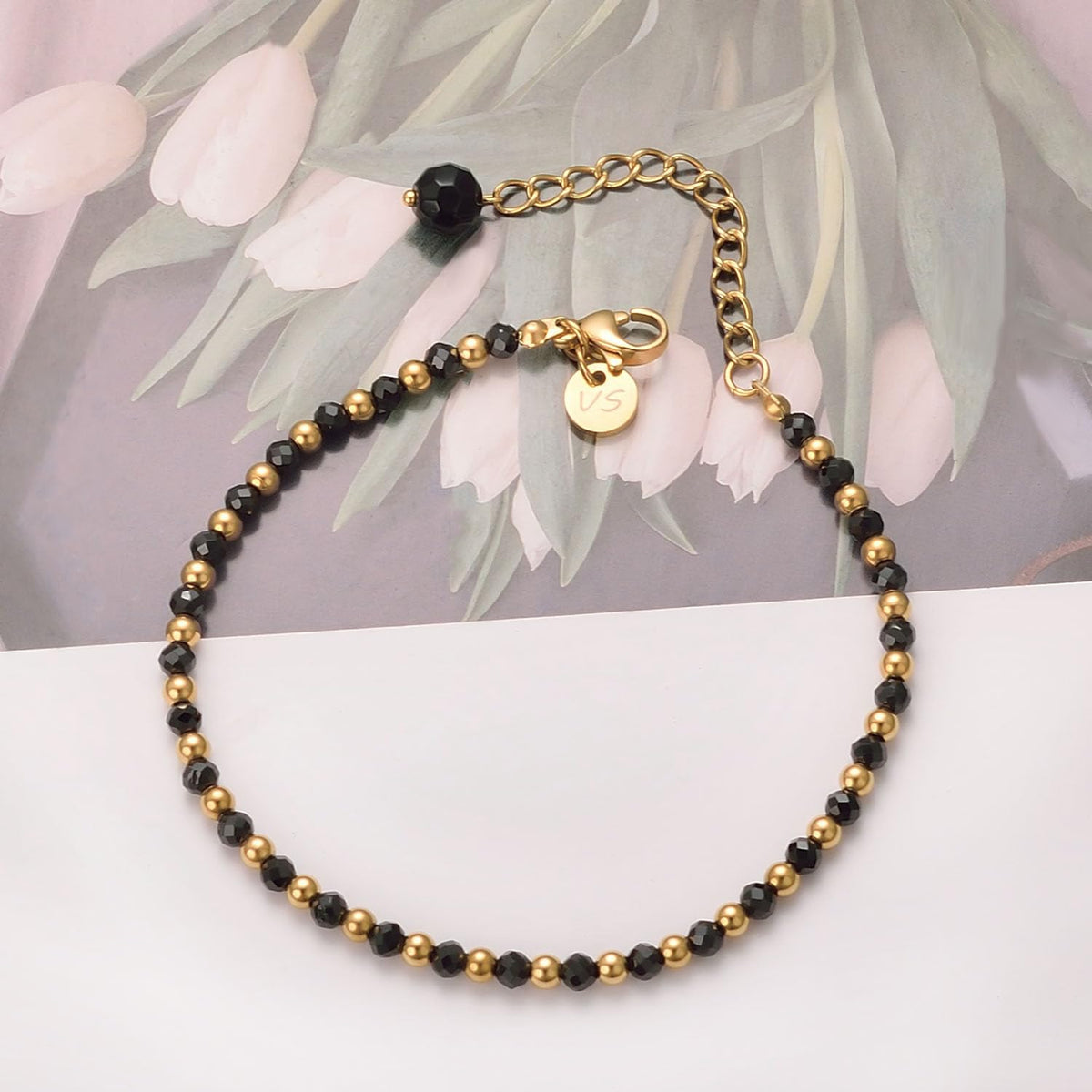 vissen Black and Gold Bracelet Beaded Black Natural Stone Bracelet for Women Black Crystal Gold Plated Bracelets Adjustable Jewellery