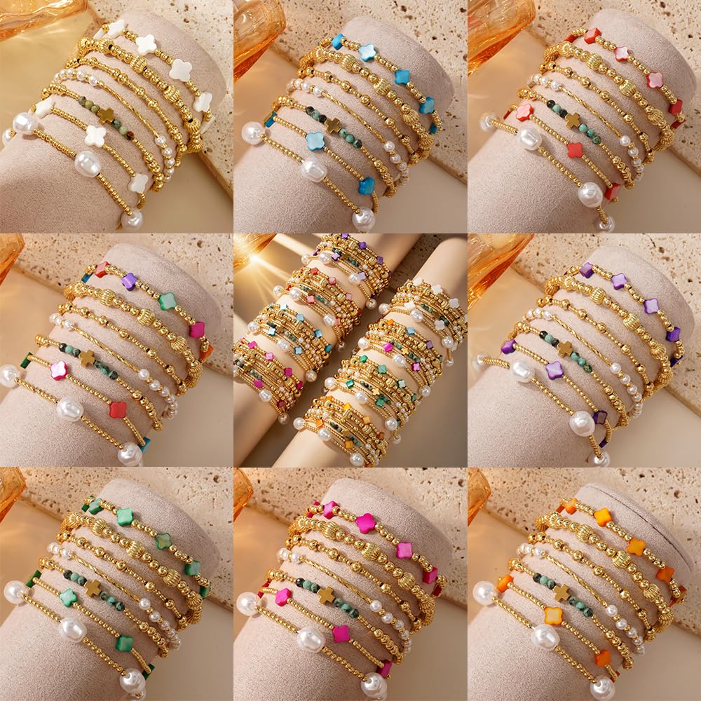 SHINUS BOHO 14K Gold Beaded Colorful Clover Bracelets Stack for Women,7PCS Bohemian Cross Pearl Beads Stackable Stretch Bracelet Set Fashion Birthday Prom Jewelry Accessories Gift Friendship Sister